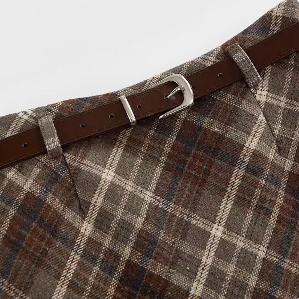High Waist Mid-length Woolen Plaid Skirt For Women - enhanced image 5
