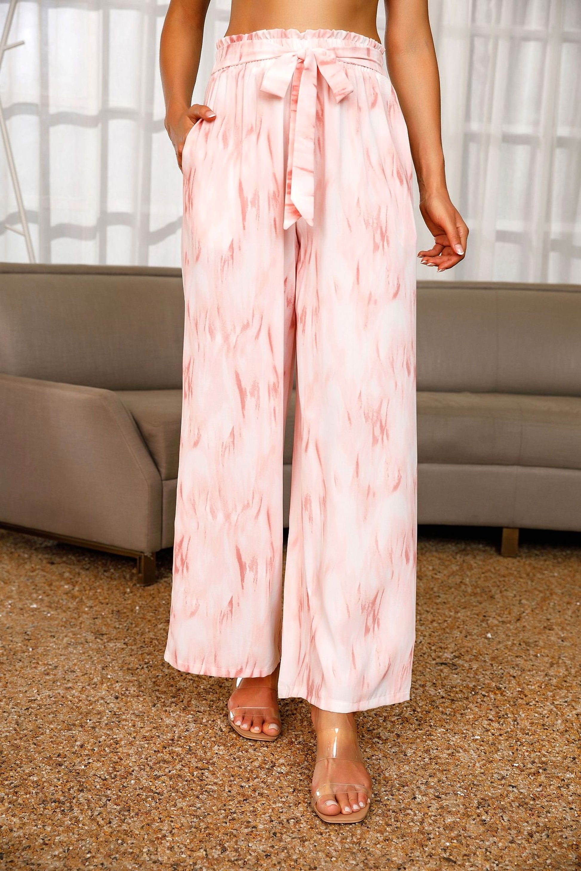 High-waisted Lace-up Chiffon Wide-leg Trousers - enhanced image 5