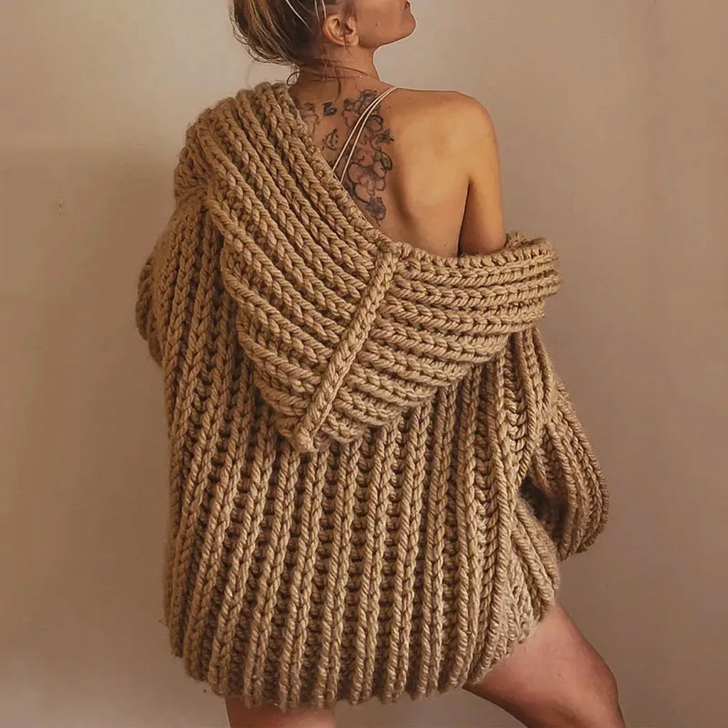 Hooded Thick Pattern Loose Knitted Cardigan Woven Design Sweater - enhanced image 5