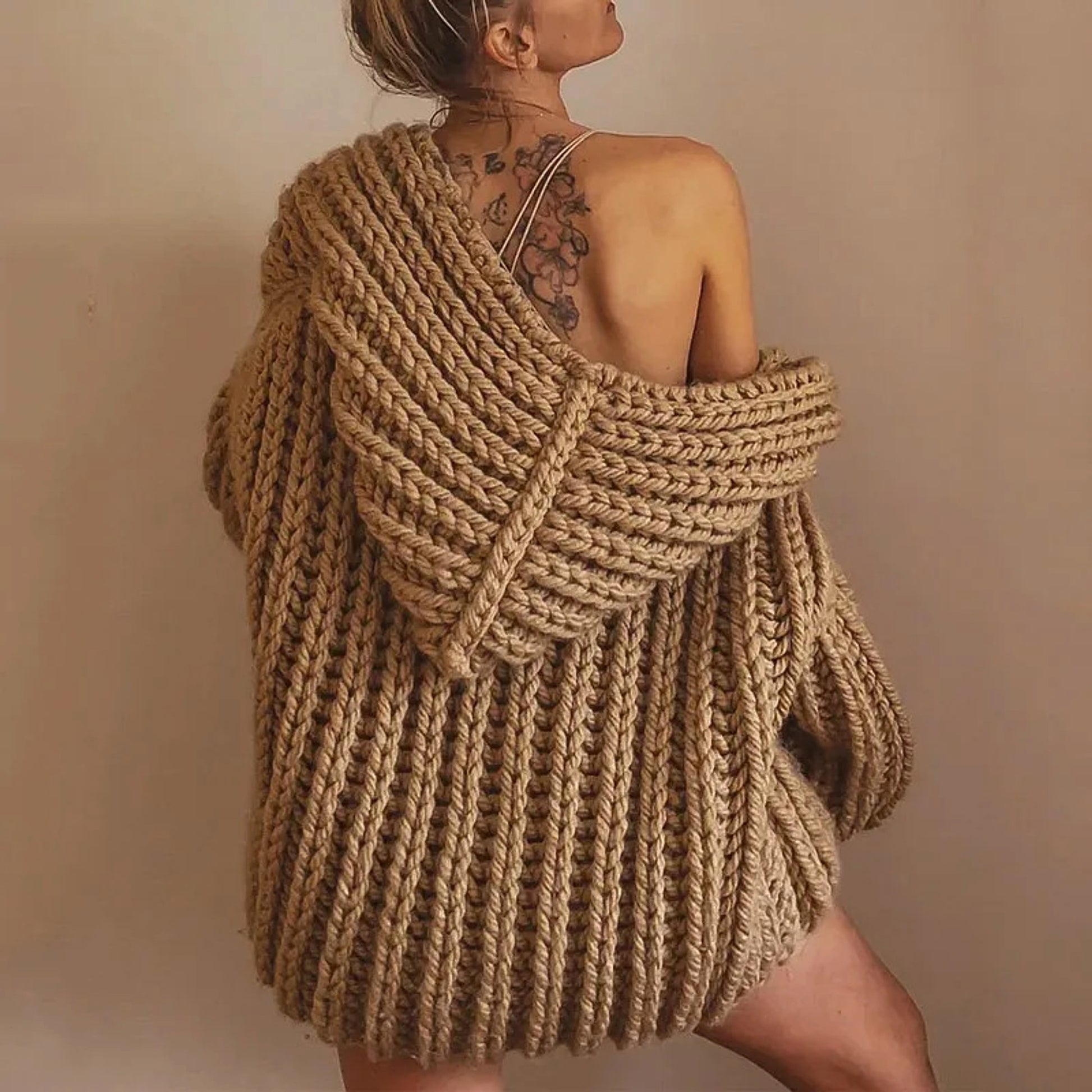 Hooded Thick Pattern Loose Knitted Cardigan Woven Design Sweater - enhanced image 5