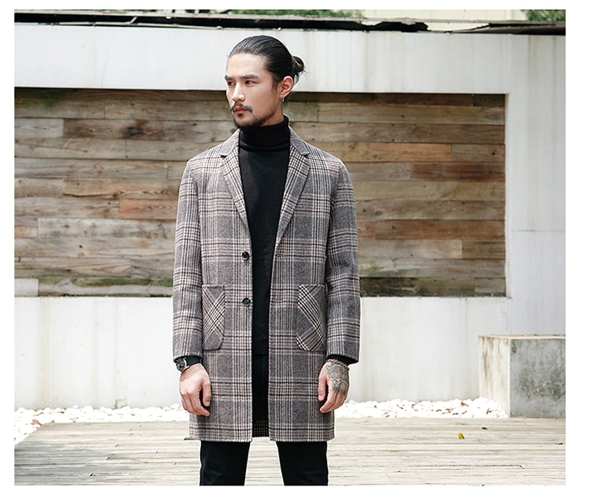 Houndstooth reversible men's plaid woolen trench coat - enhanced image 5
