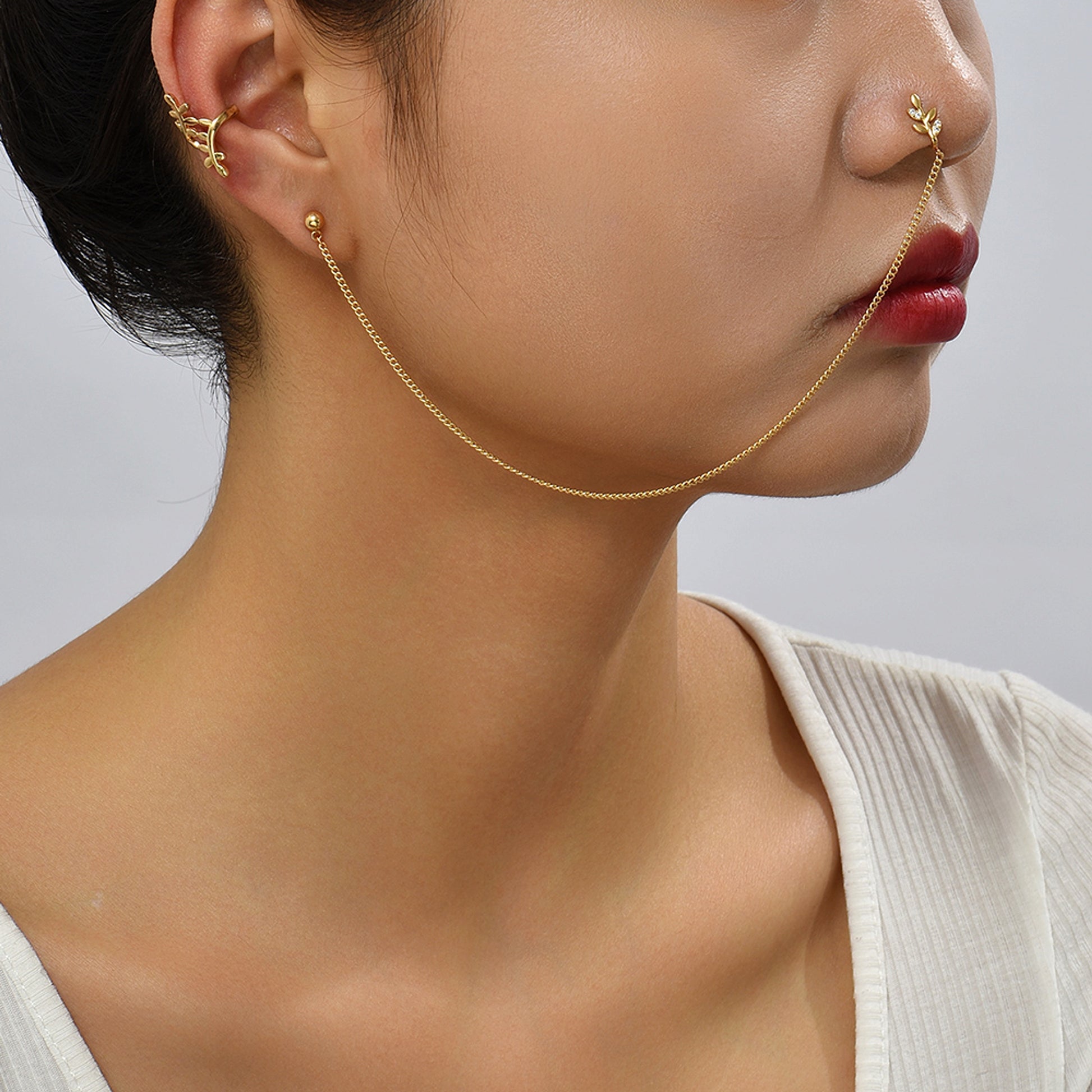 Indian Dance Nose Ring Jewelry Set Ear Clip Earring Leaf Nose Nail Nose Chain One Pierced Jewelry - enhanced image 5