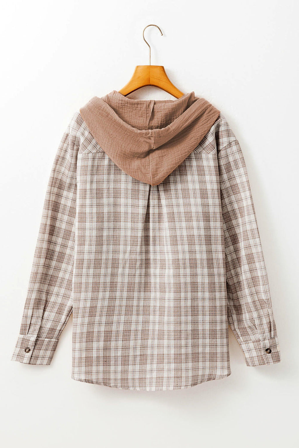 Khaki Checkered Print Loose Fit Buttoned Hooded Shacket - enhanced image 5