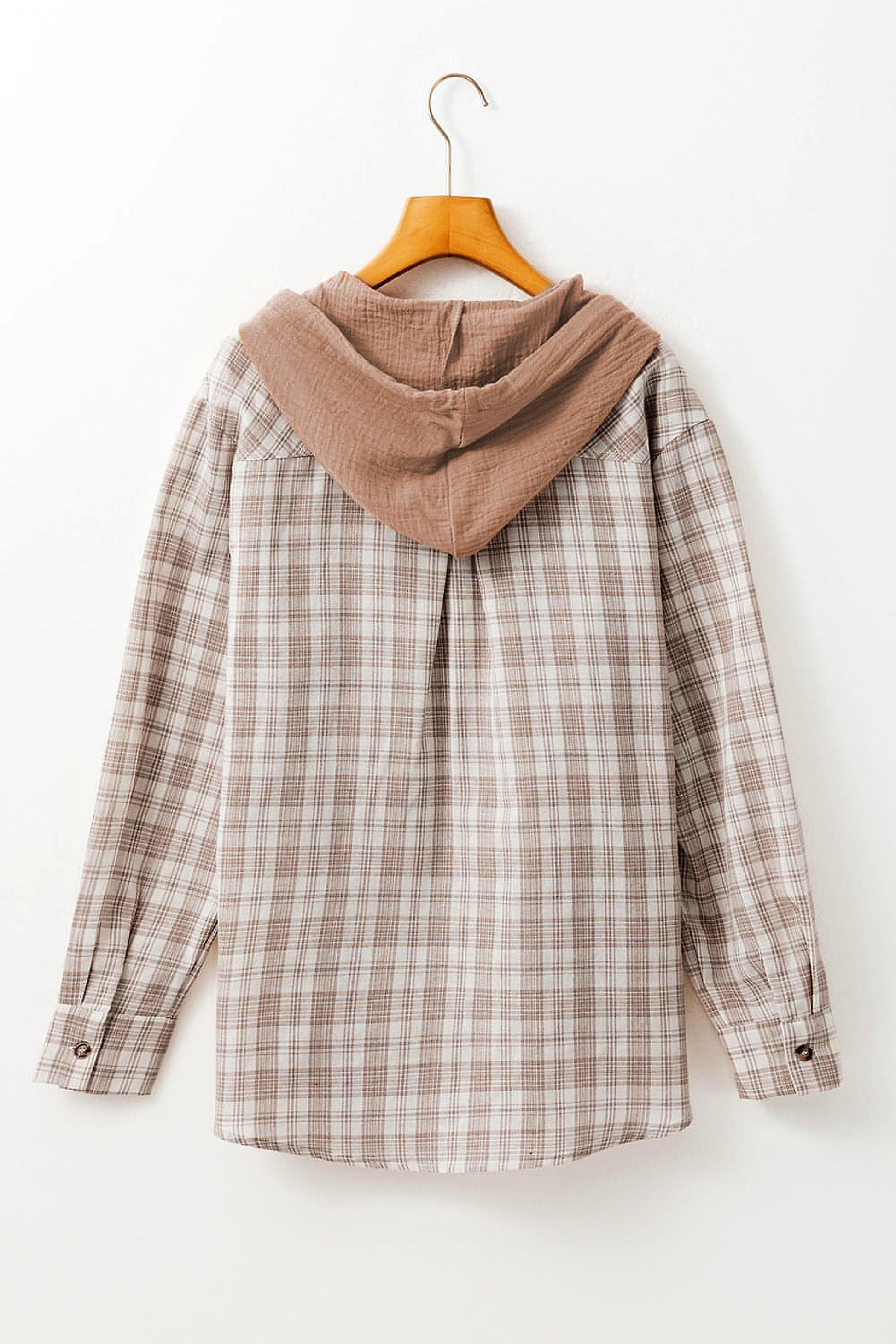 Khaki Checkered Print Loose Fit Buttoned Hooded Shacket - enhanced image 5