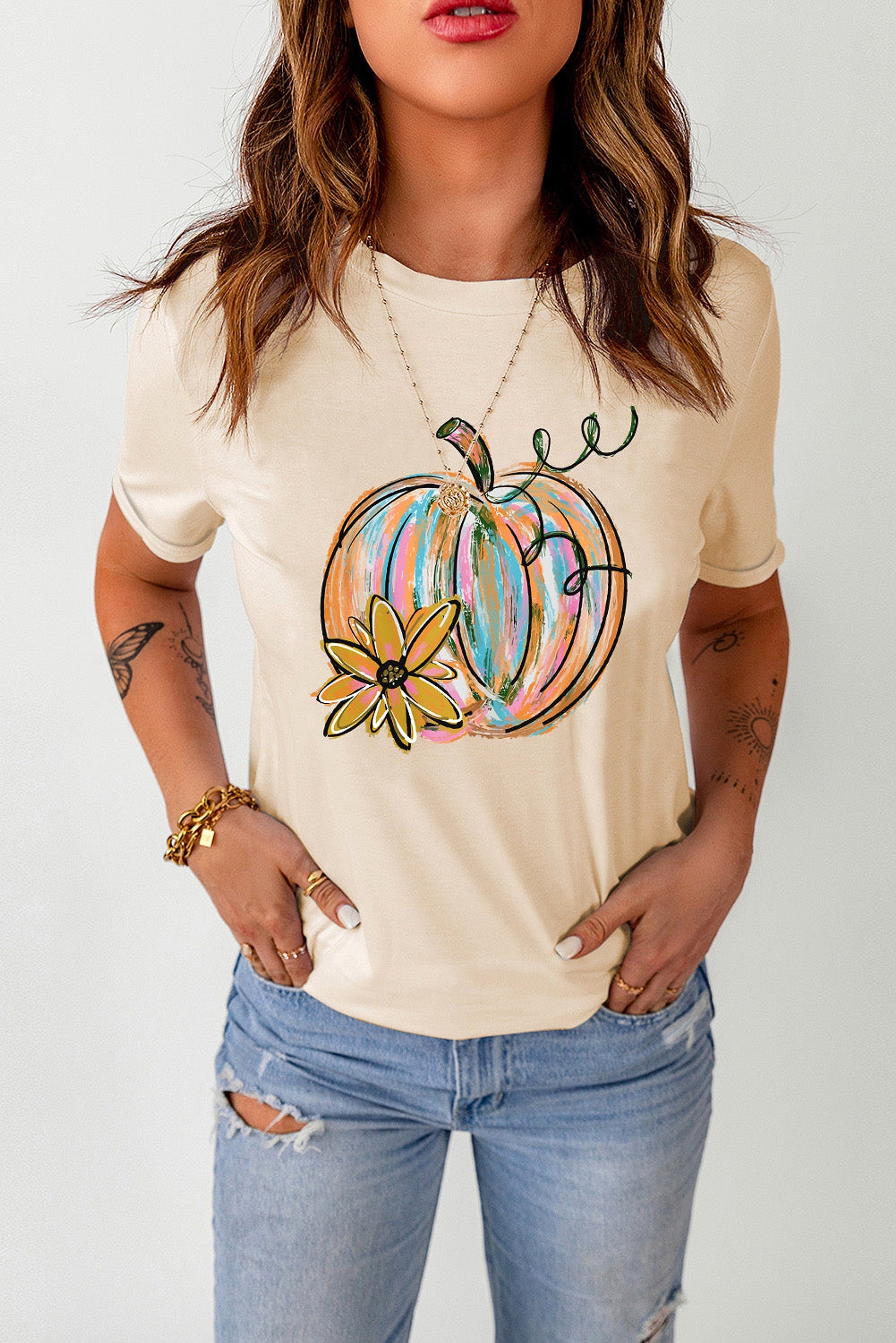 Khaki Pumpkin with Flower Graphic T Shirt - enhanced image 5