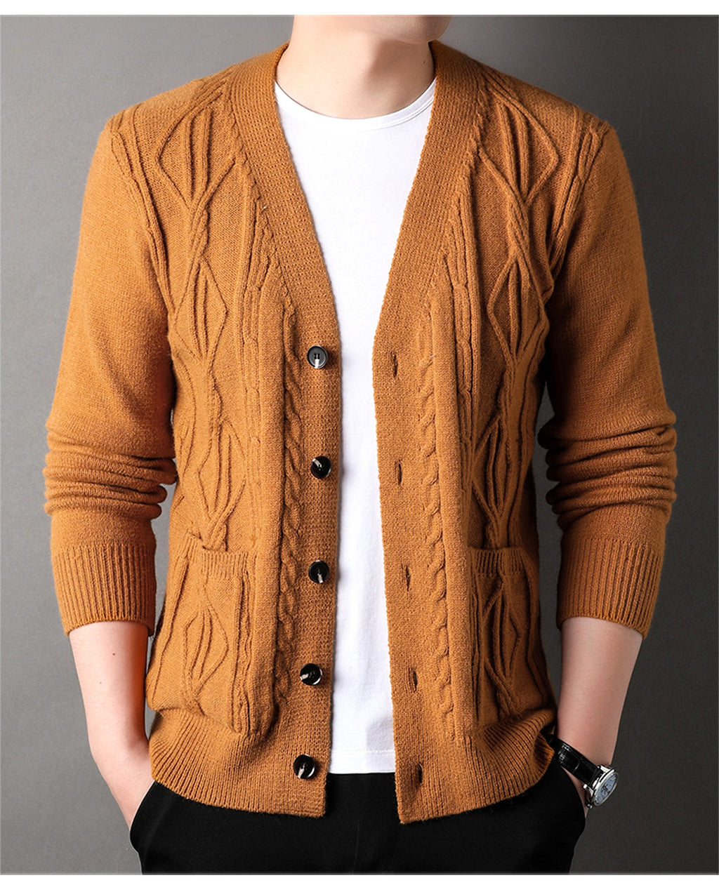 Knitted Cardigan Rhombus Loose Casual Sweater Coat Men - enhanced image 5
