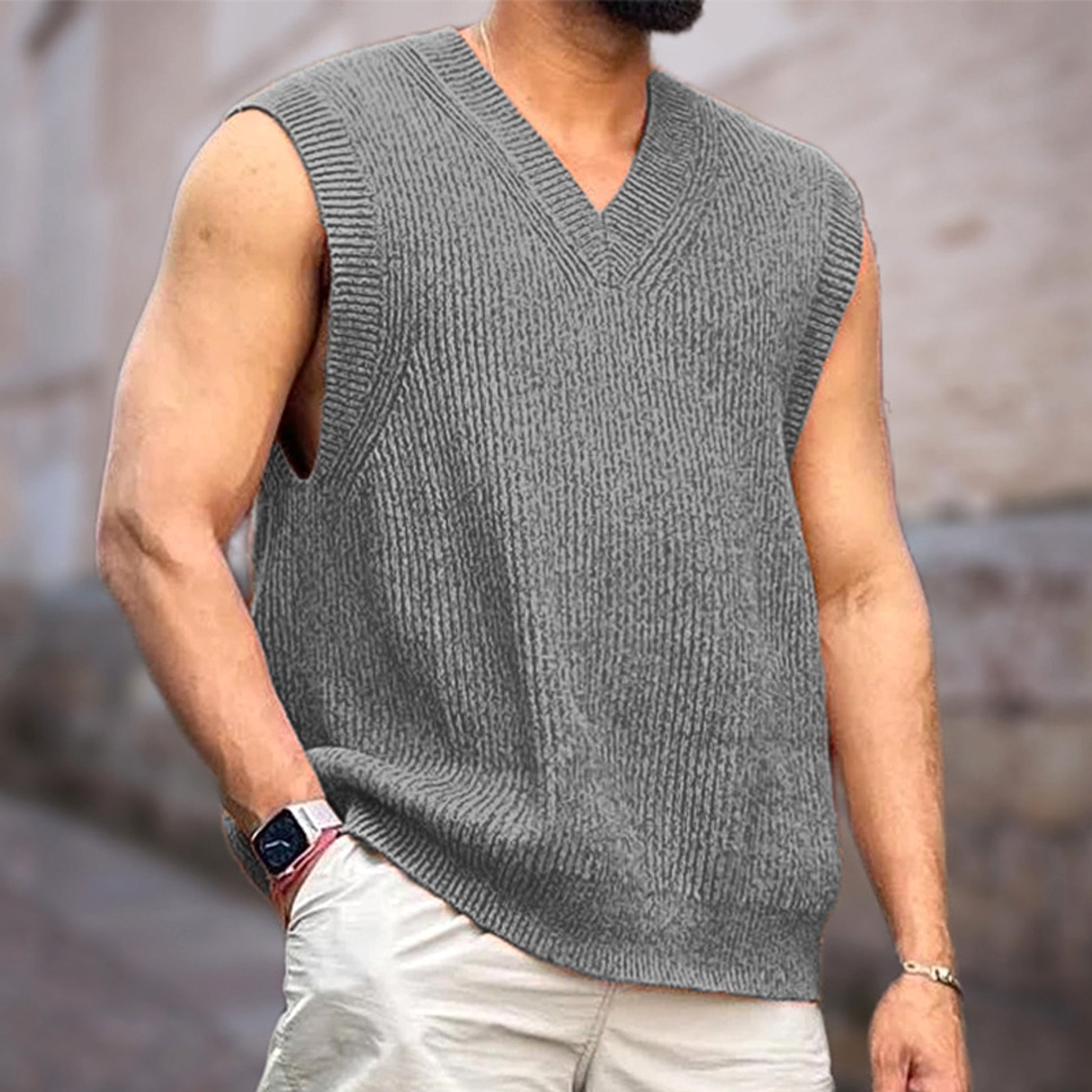 Knitwear Street Slim Fit V-neck Sleeveless Vest Sweater Men - enhanced image 5