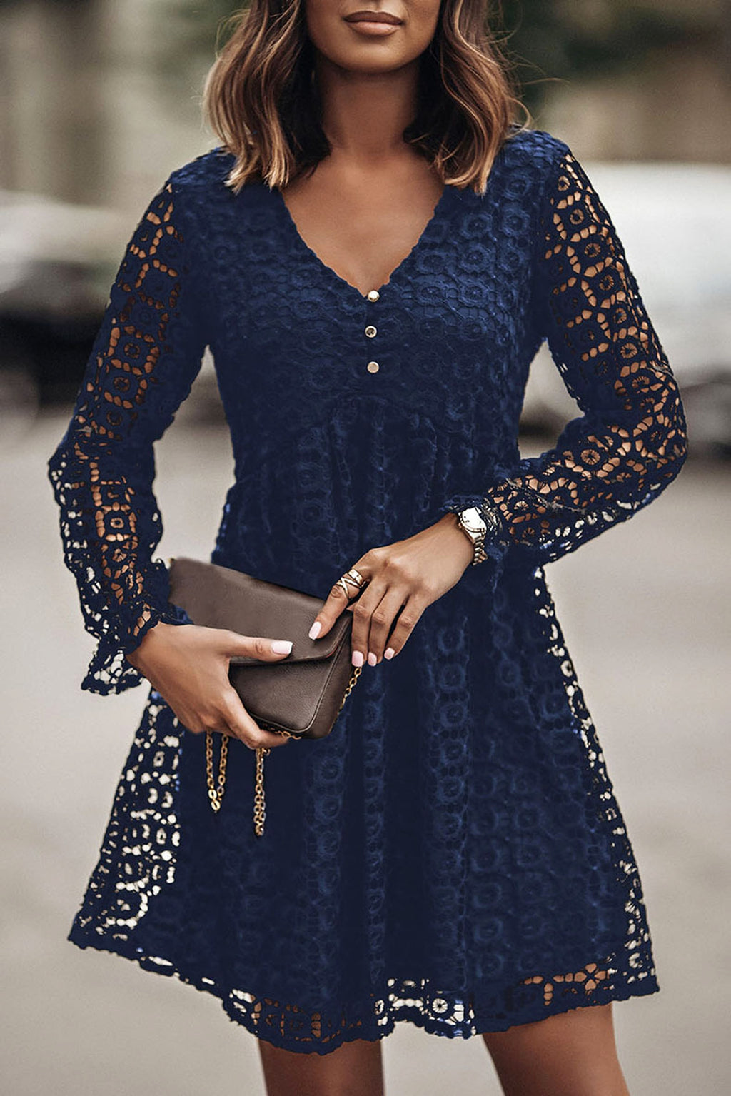 A. Lace Stitching Long Sleeve Dress Women - enhanced image 5