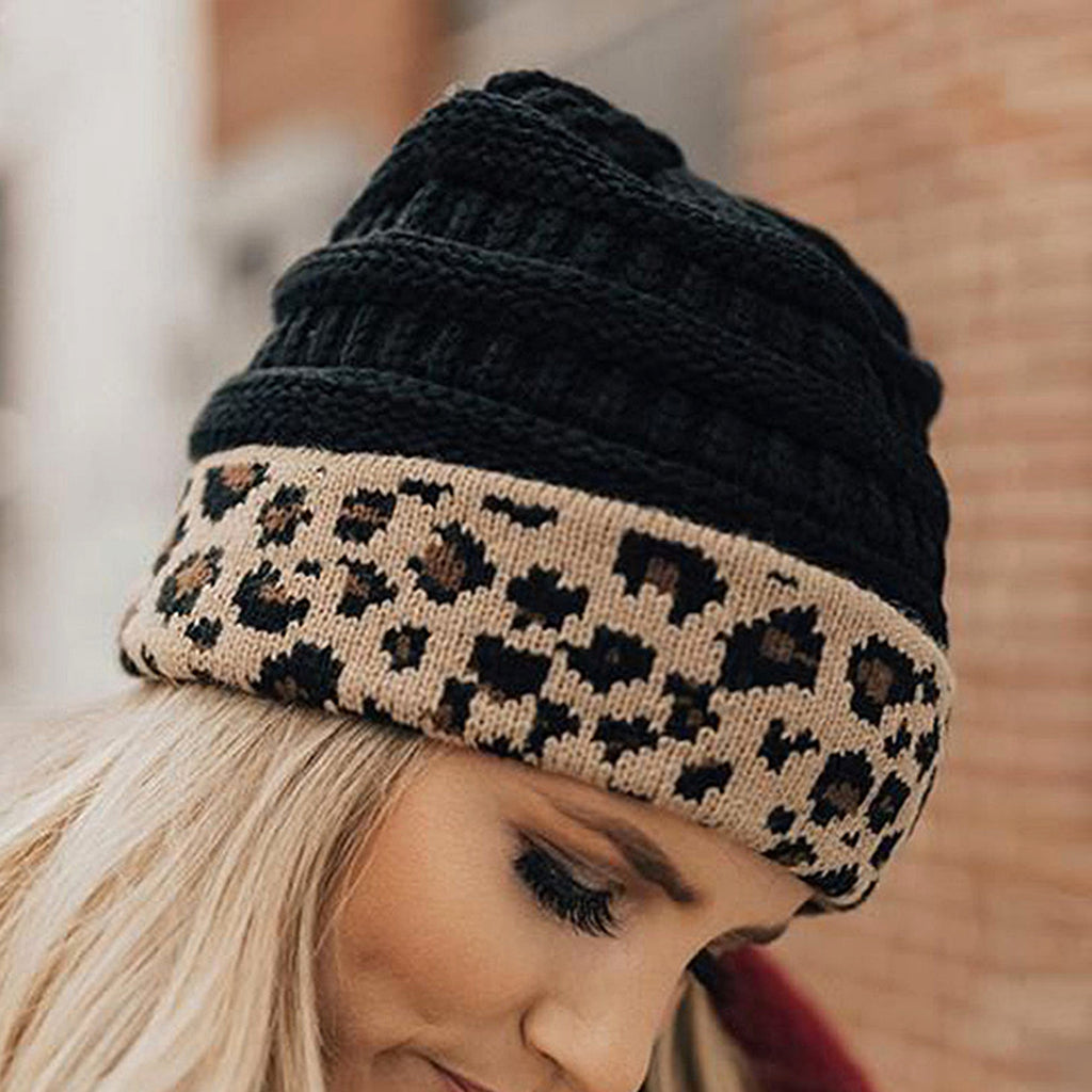Ladies Autumn Winter Leopard Print Cuffed Acrylic Knitted Hat - enhanced image 5