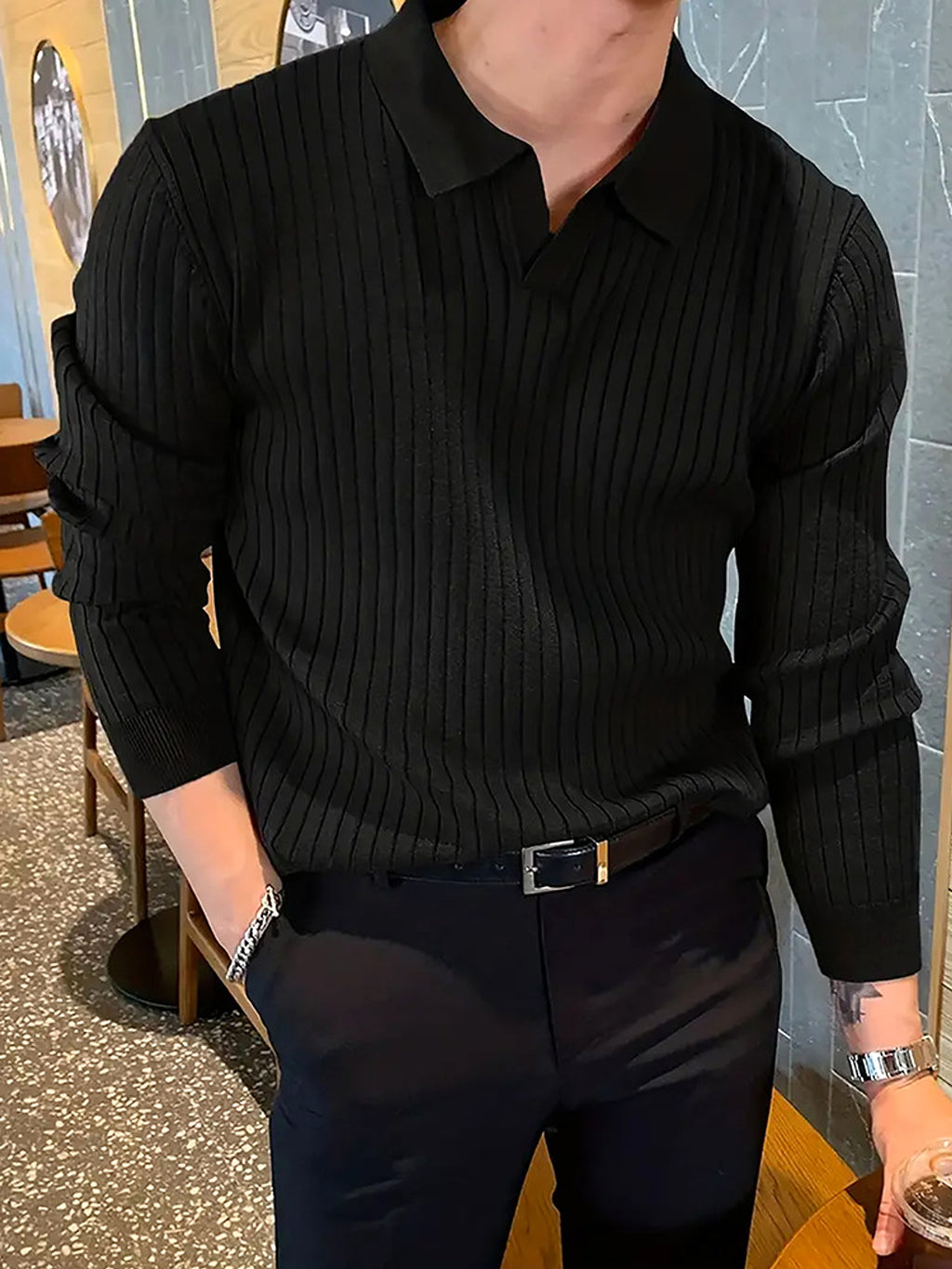 Lapel Texture Stretch Slim Knit Polo T-Shirt Men - enhanced image 5