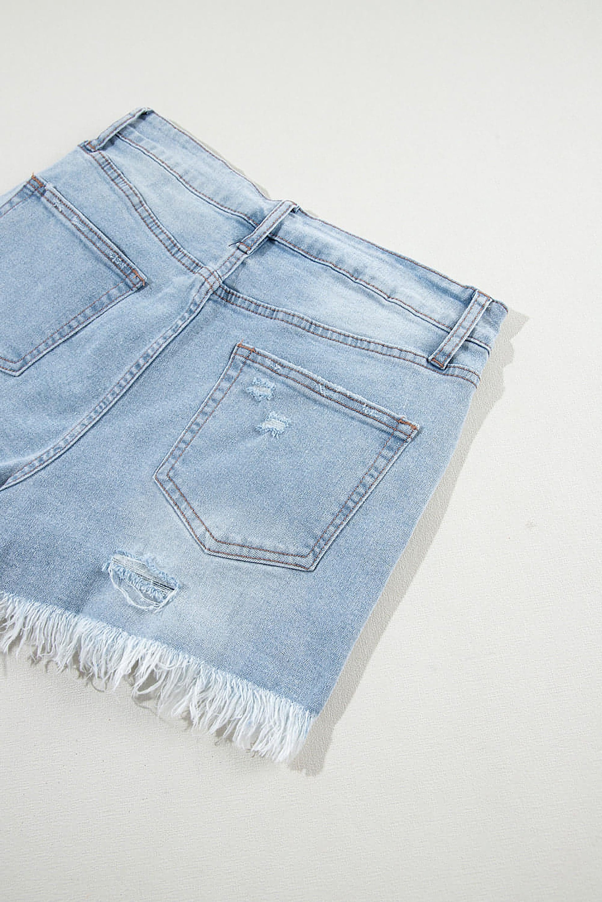 Light Blue Distressed Ripped Raw Hem High Waist Denim Shorts - enhanced image 5