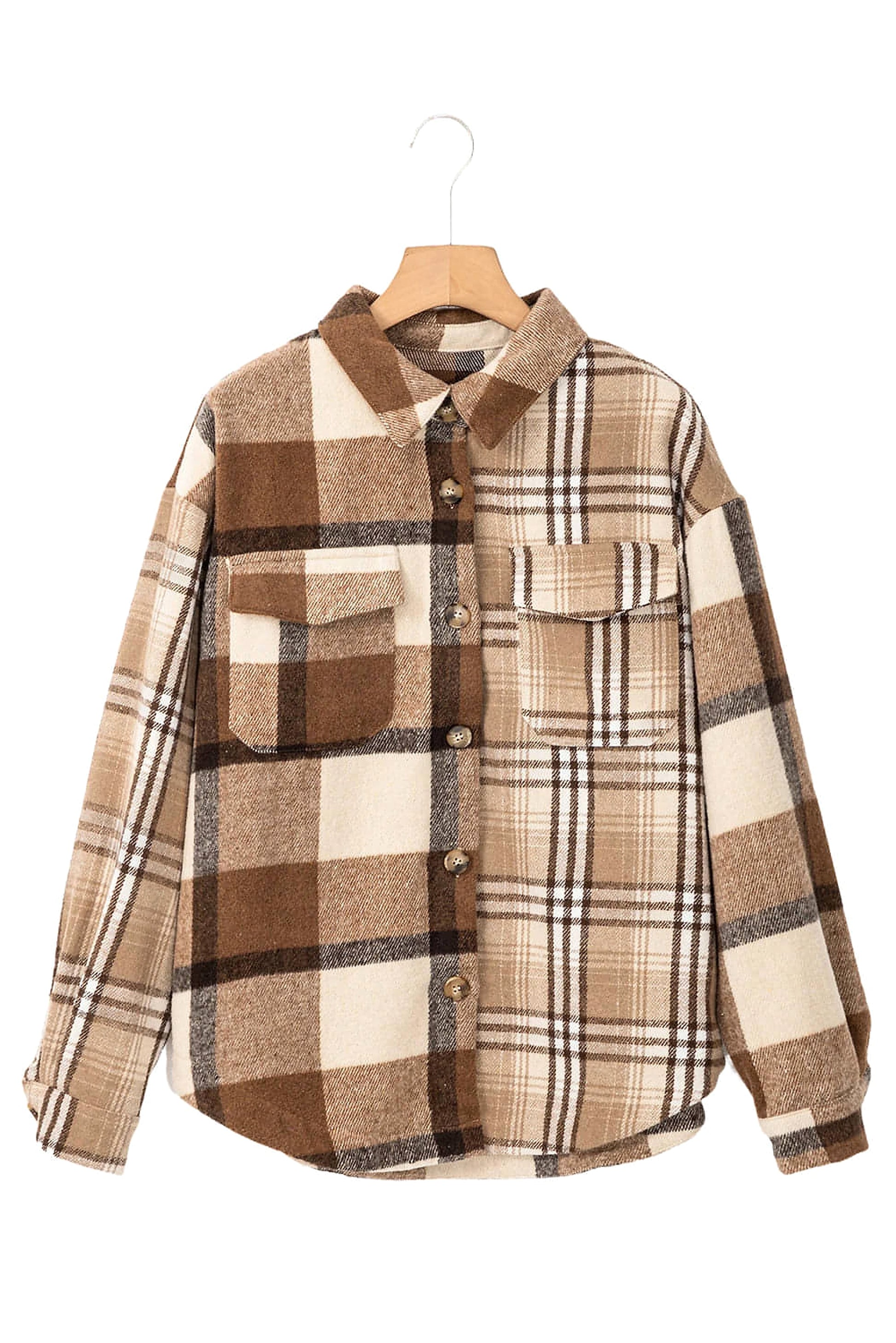 Light French Beige Flannel Plaid Double Flap Pocket Shacket - enhanced image 5