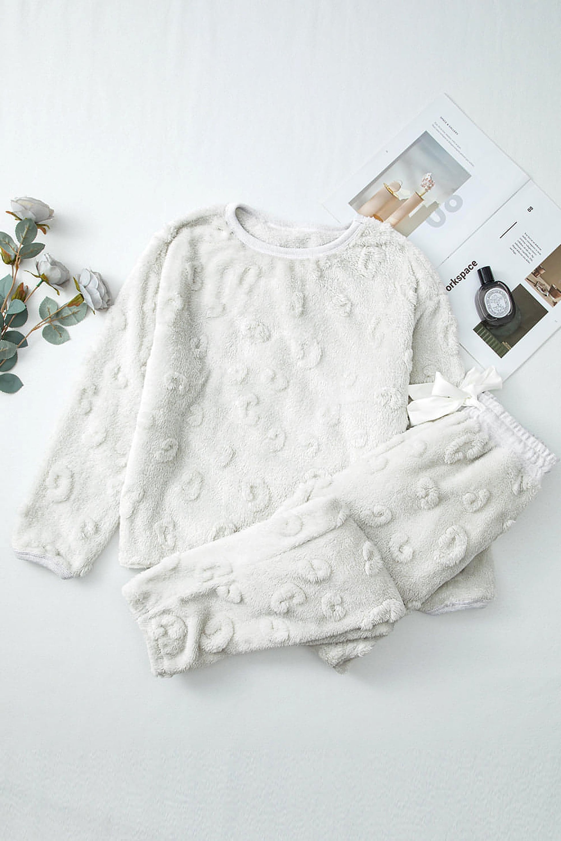 Light Grey Leopard Textured Loose Fit Fleece Lounge Set - enhanced image 5