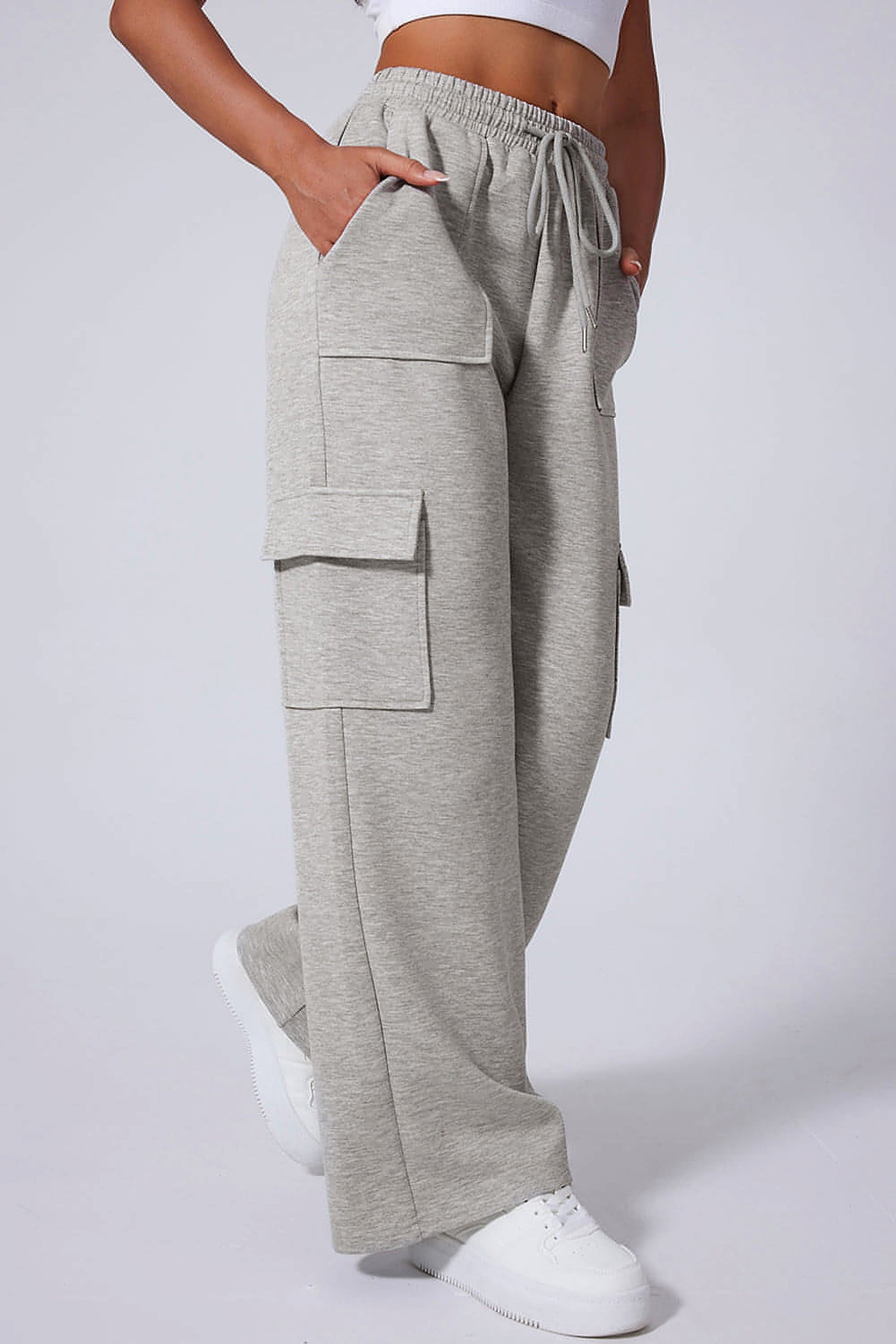 Light Grey Multi Pockets Lace-up High Waist Wide Leg Workout Pants - enhanced image 5