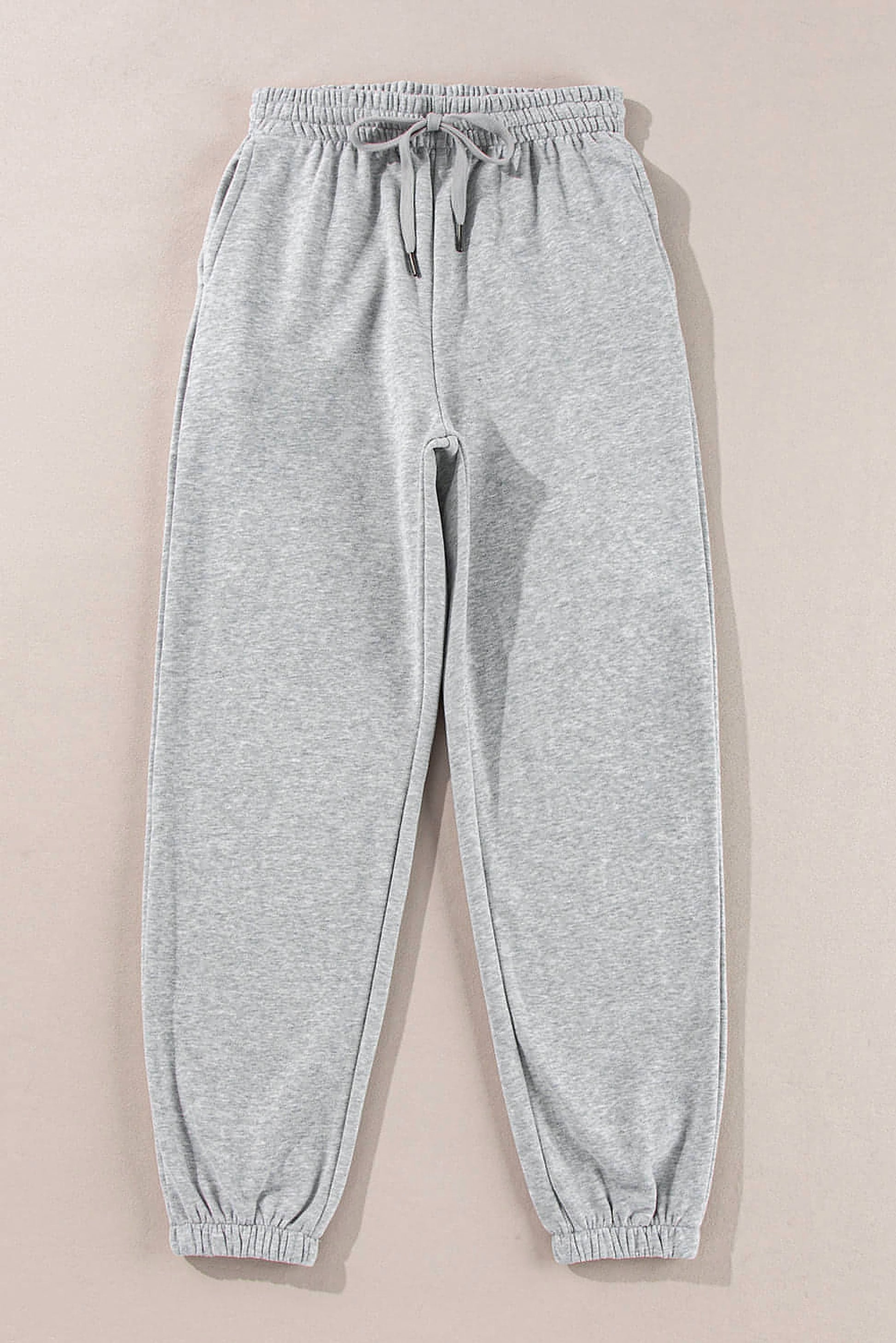 Light Grey Solid Color Fleece Lined Drawstring Waist Joggers - enhanced image 5