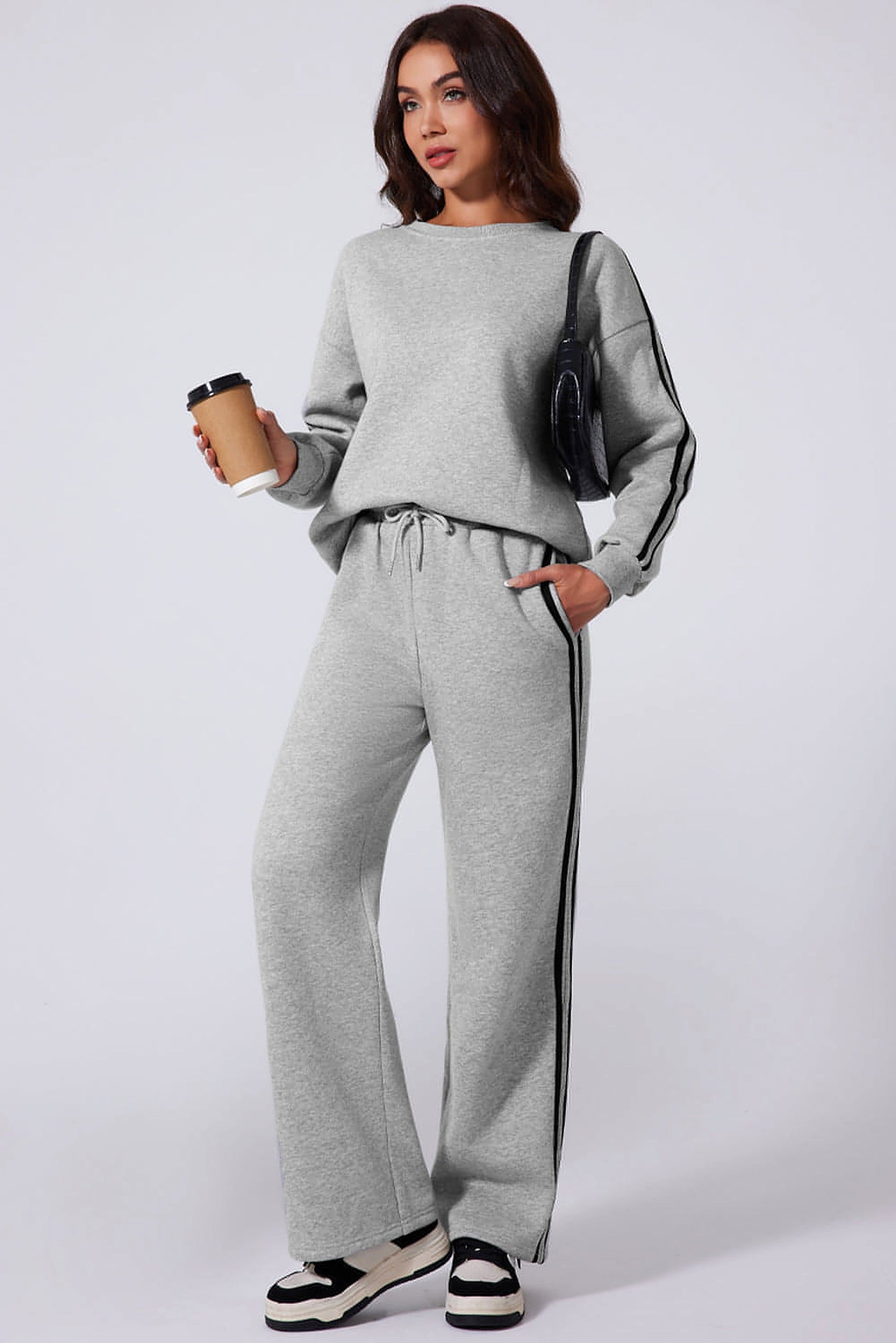 Light Grey Solid Color Side Striped Sweatshirt Active Set - enhanced image 5