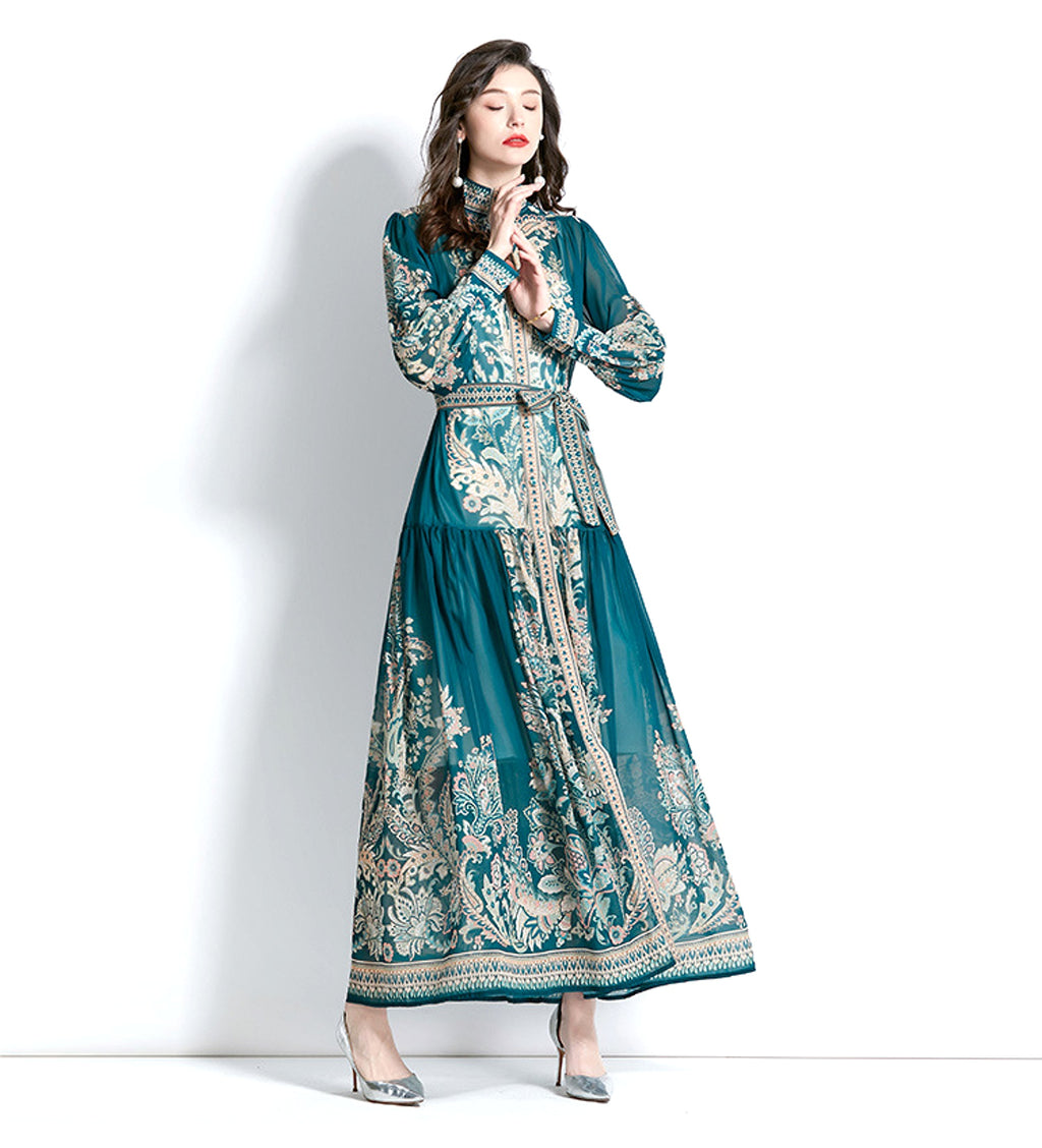 Long Sleeve Stand-up Collar Puff Sleeve Lace Printing Dress - enhanced image 5