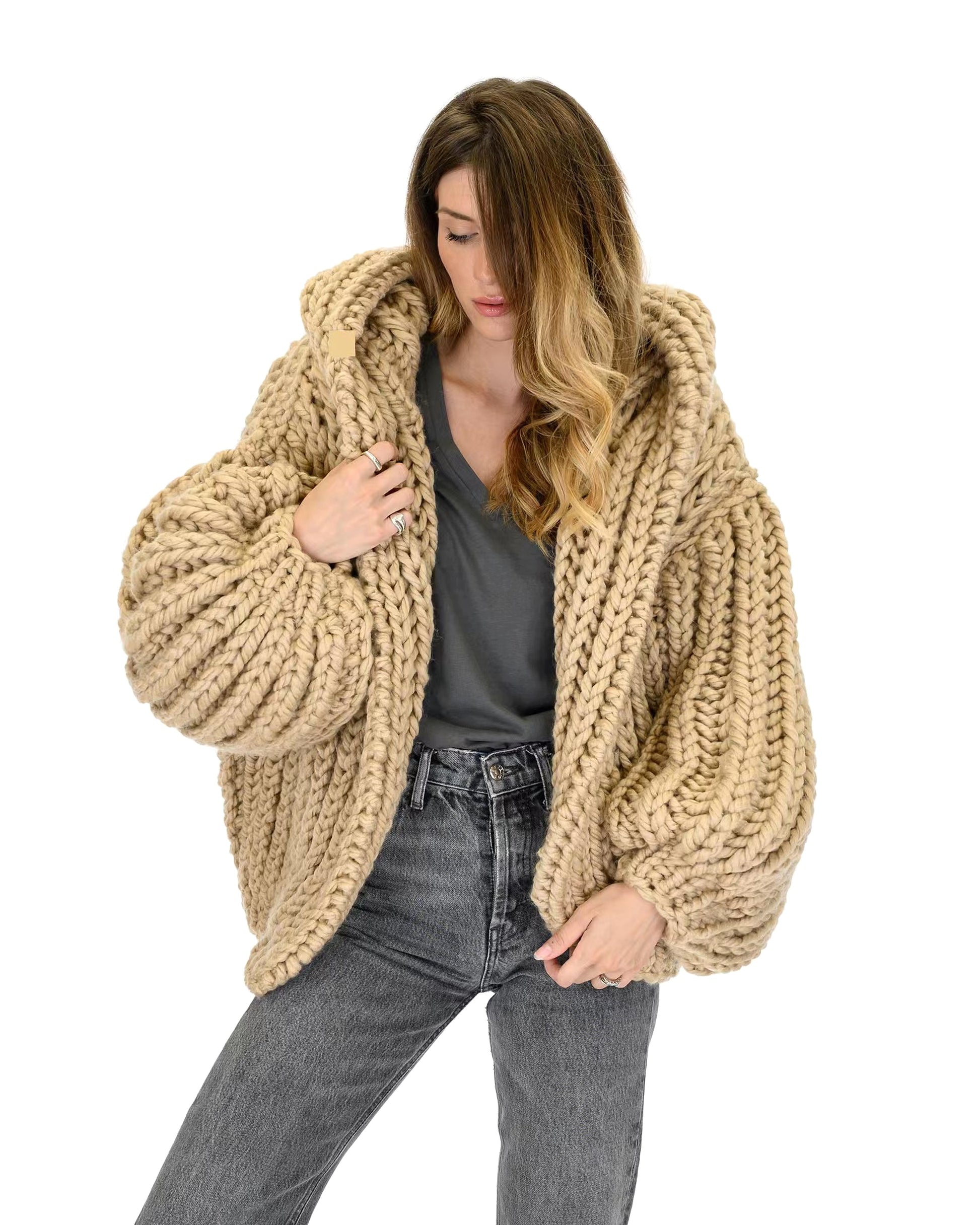 Loose And Hooded Cardigan Coat Handmade Knitting Needle Women's Knitted Sweater - enhanced image 5