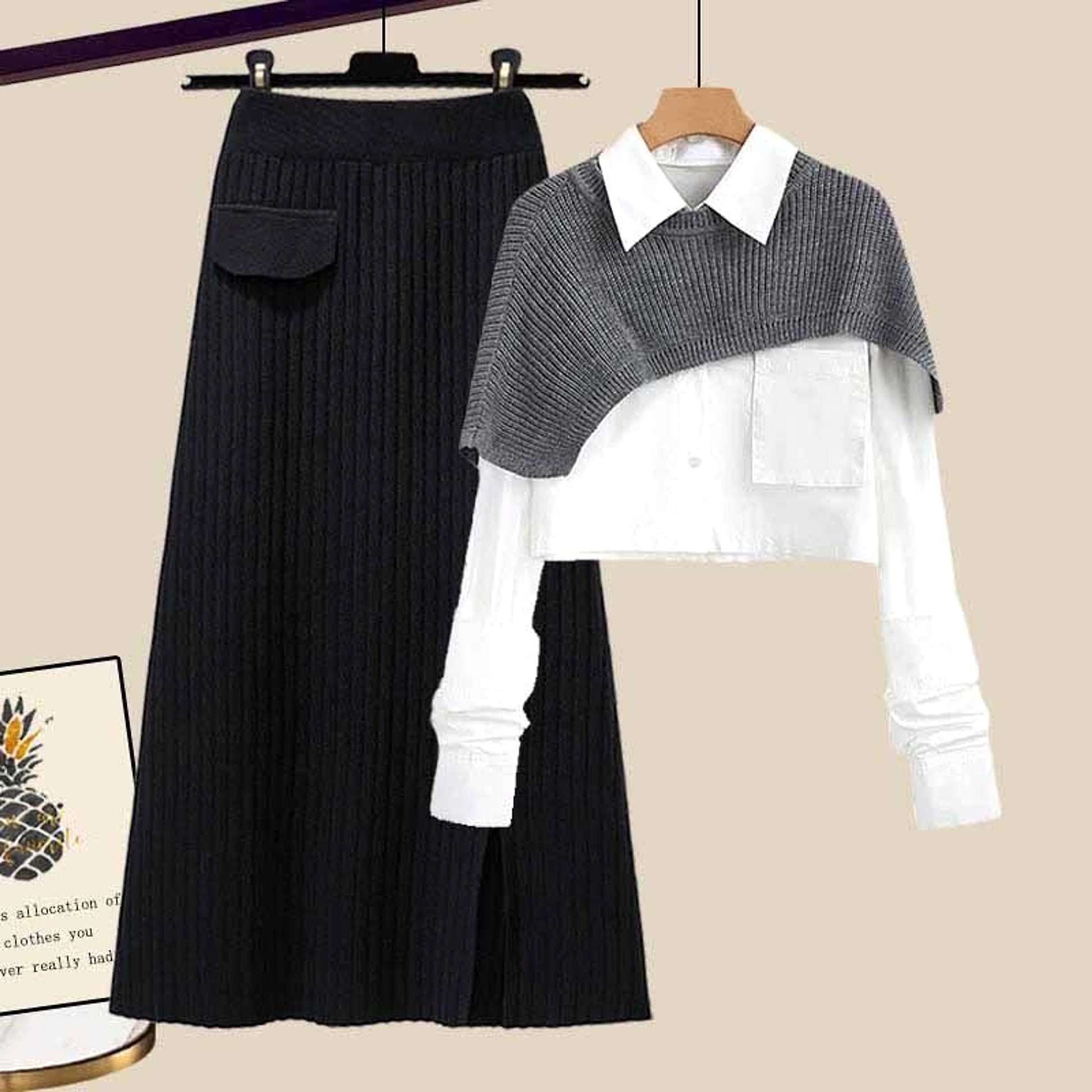 Loose Shawl Shirt High Waist Knit Skirt Three-piece Set - enhanced image 5