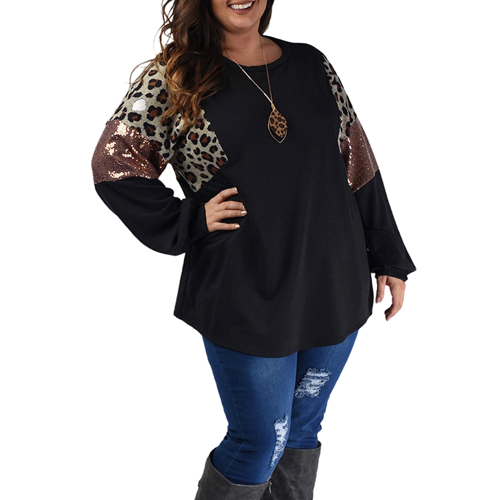 Loose Slim Fit Leopard Print Long Sleeve Women T-Shirt - enhanced image 5