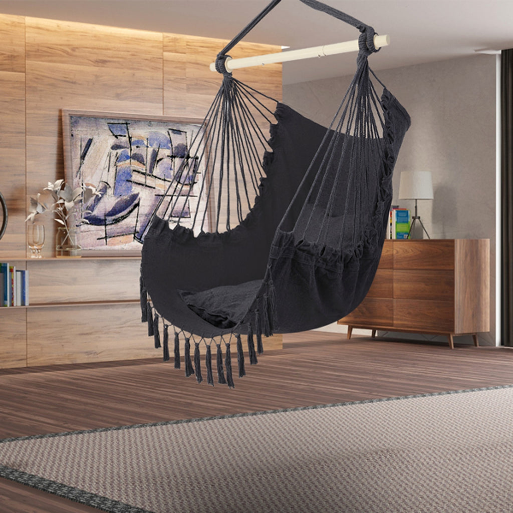 LuneluX – Boho Hanging Chair with Fringe & Cushions (Gray) - enhanced image 5