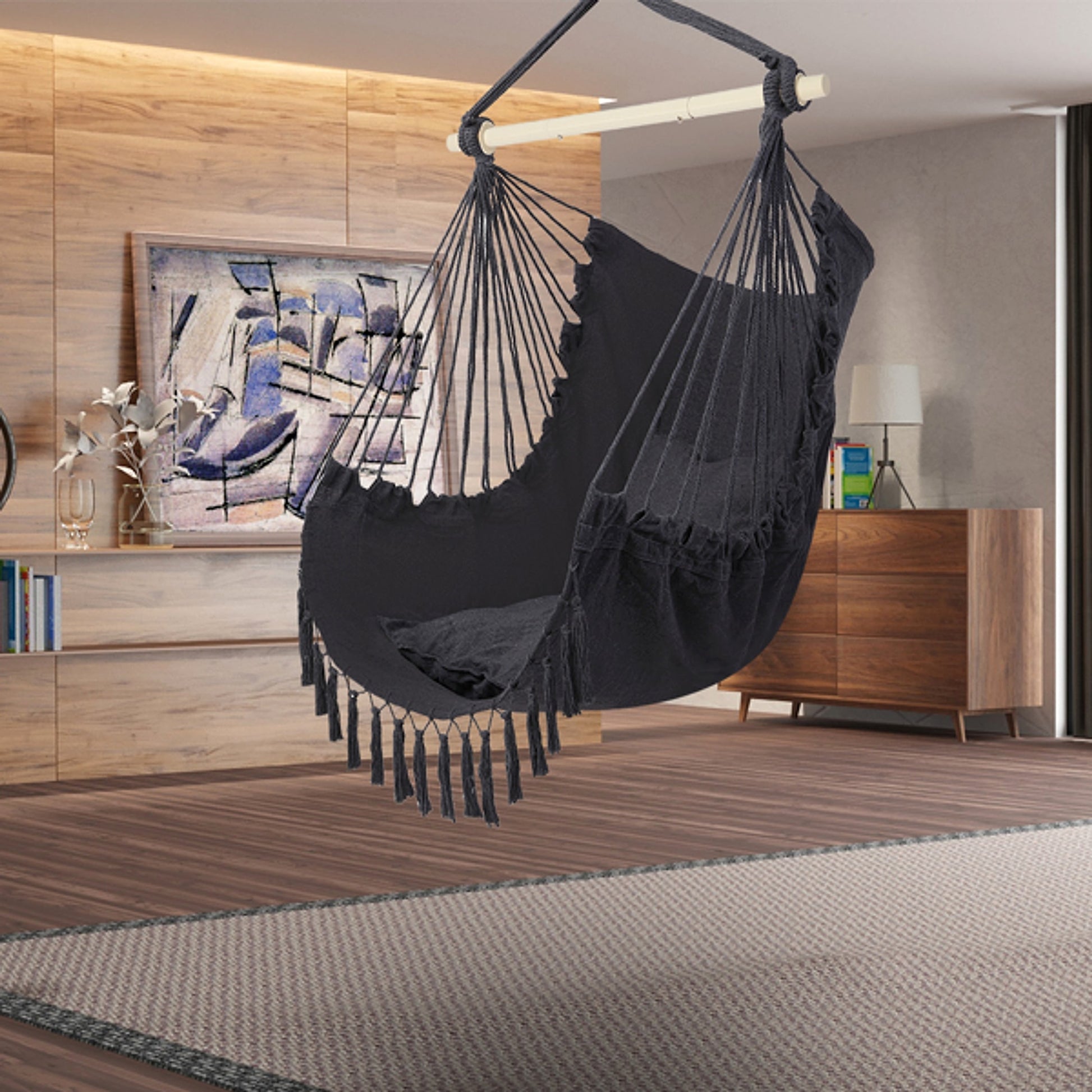LuneluX – Boho Hanging Chair with Fringe & Cushions (Gray) - enhanced image 5