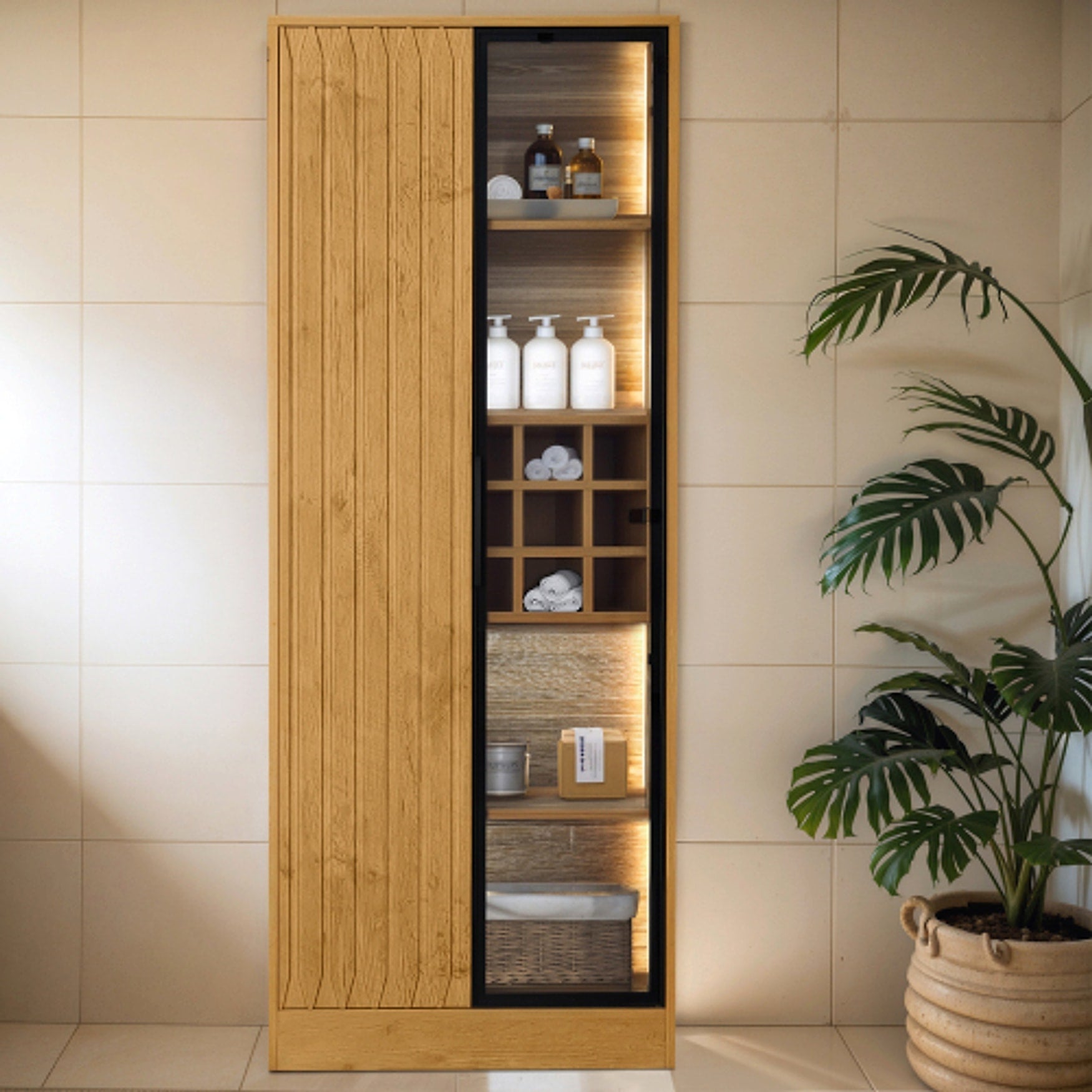 LuneluX_Home – Bathroom Cabinet with Glass Doors, LED Lighting & Wooden Finish (160 cm) - enhanced image 5