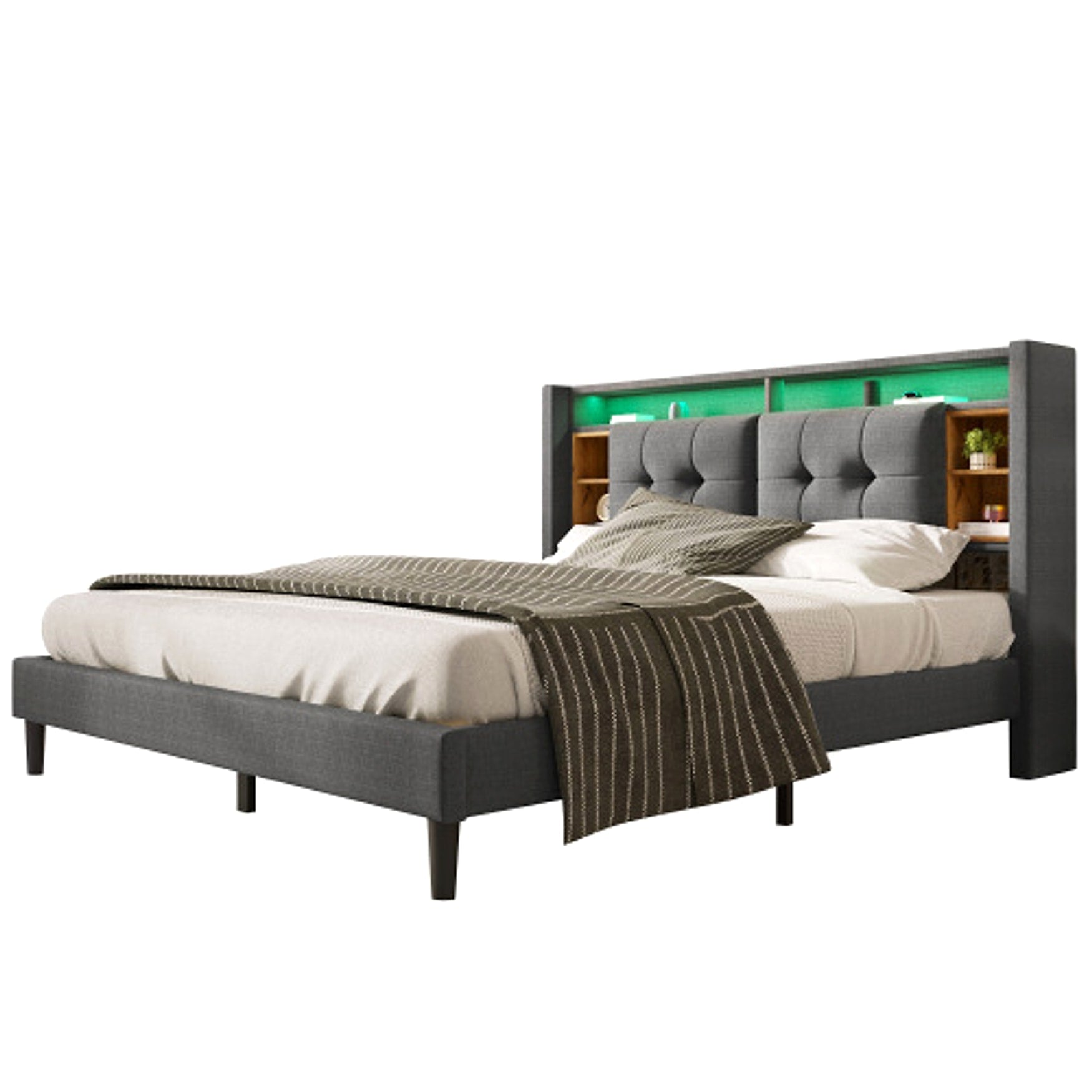 LuneluX_Home – Solid Wood Storage Bed with USB Charging Ports & LED Light (160×200 cm, Gray) - enhanced image 5