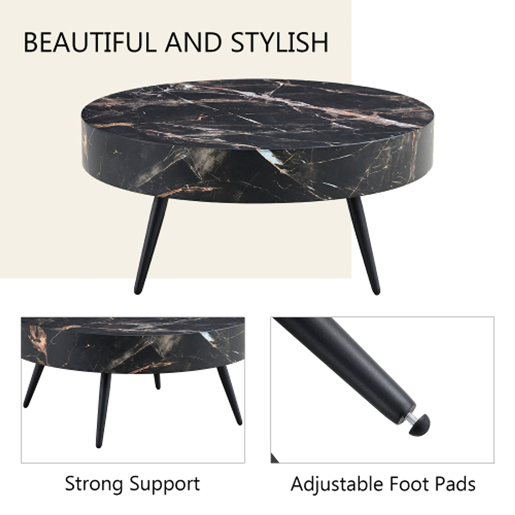 LuxeHome™ – 31.5" Black Marble Round Coffee Table with Adjustable Metal Legs (US Warehouse) - enhanced image 5