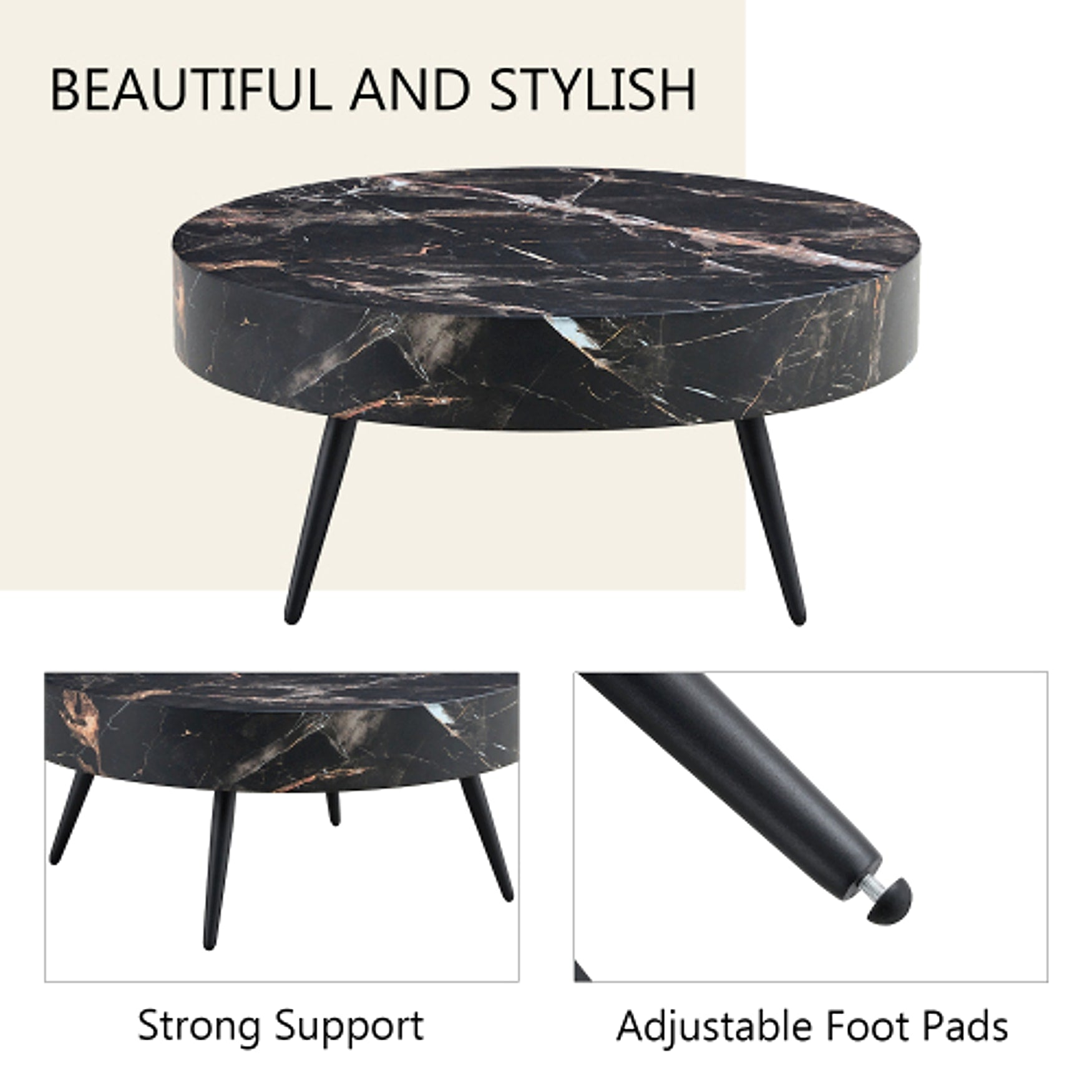 LuxeHome™ – 31.5" Black Marble Round Coffee Table with Adjustable Metal Legs (US Warehouse) - enhanced image 5