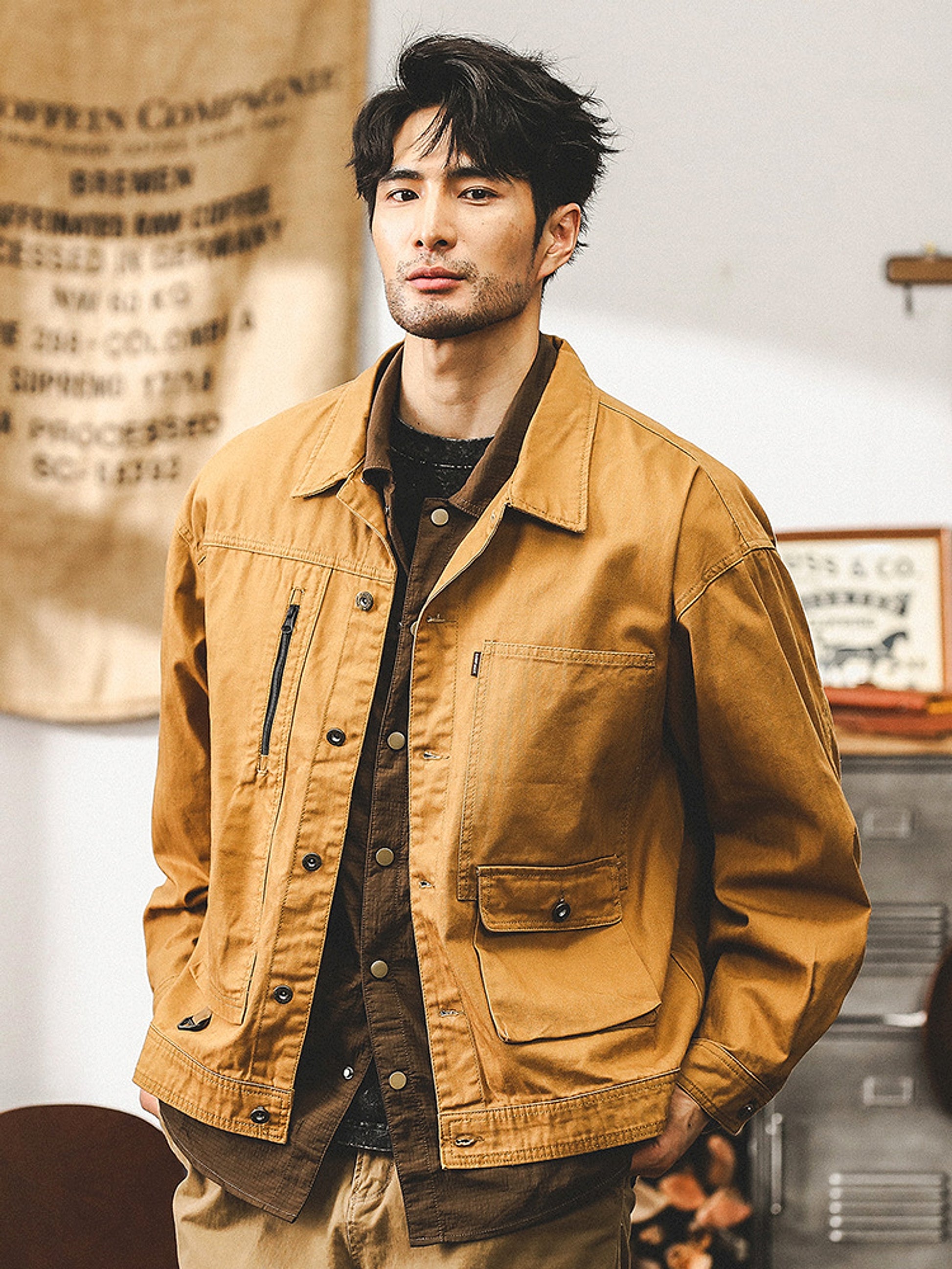 Maillard Retro Heavy Fishbone Pattern Workwear Jacket - enhanced image 5