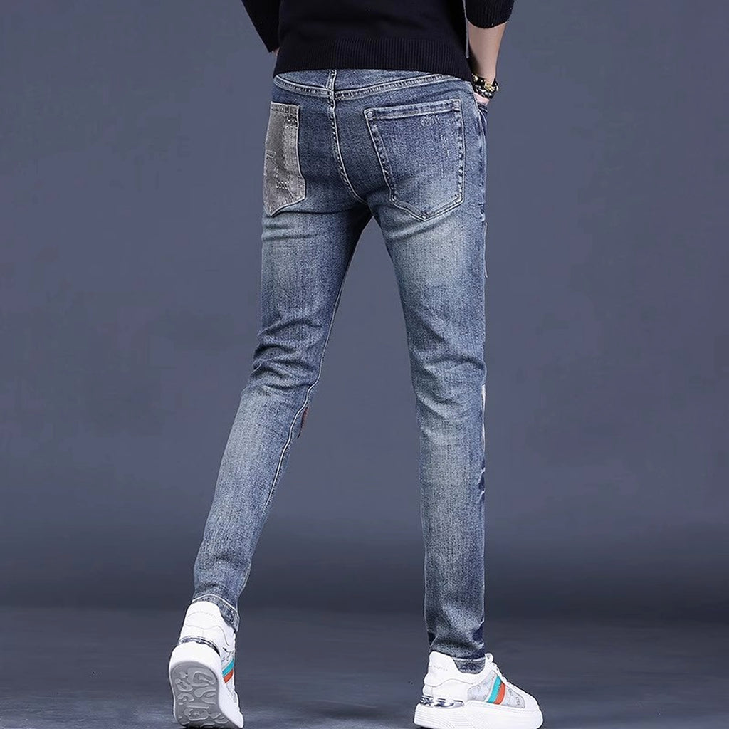Men's Contrast Color Patch Hole Slim-fit Pants - enhanced image 5