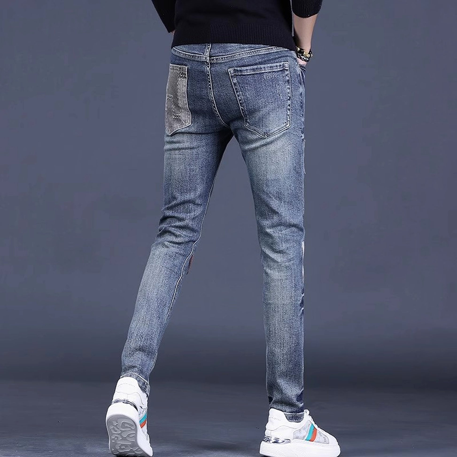 Men's Contrast Color Patch Hole Slim-fit Pants - enhanced image 5
