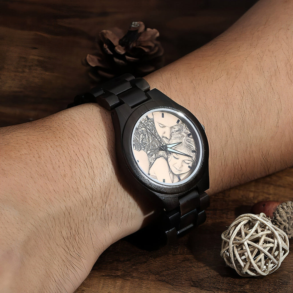 Men’s Engraved Wooden Photo Watch – 45mm with Wooden Strap - enhanced image 5