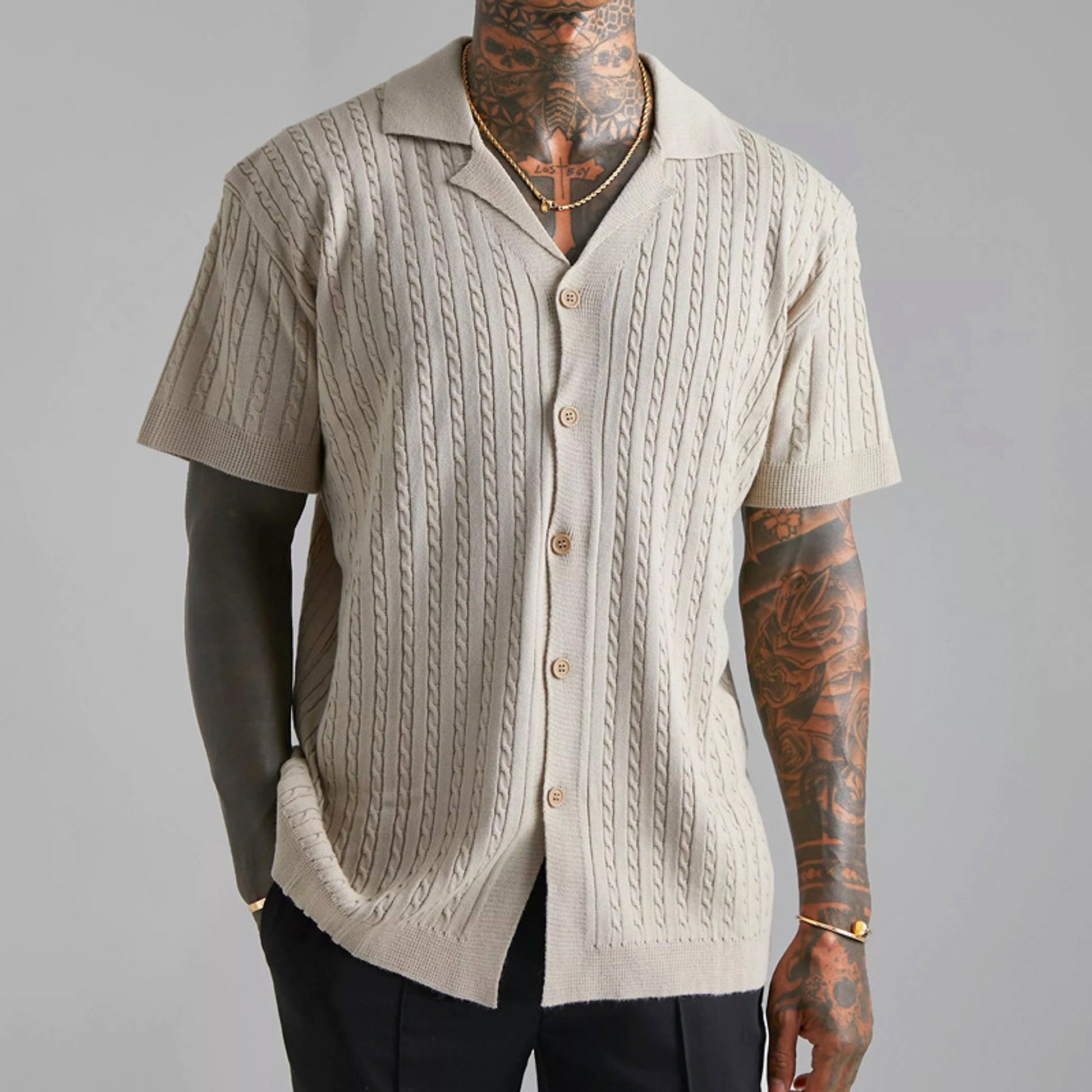 Men's Knitted Button Short-sleeved T-shirt - enhanced image 5