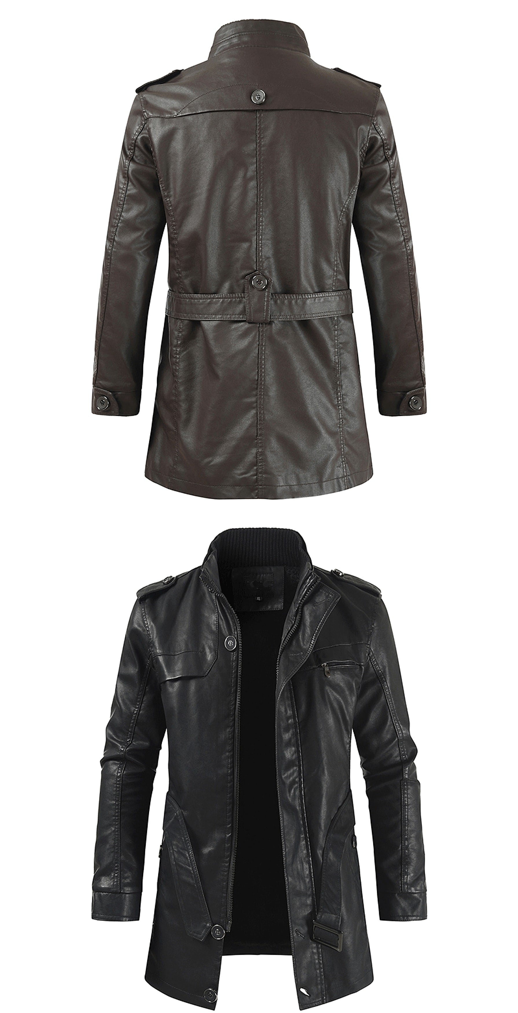 Men's Mid-length Fleece-lined Casual Stand Collar Leather Wind Coat - enhanced image 5