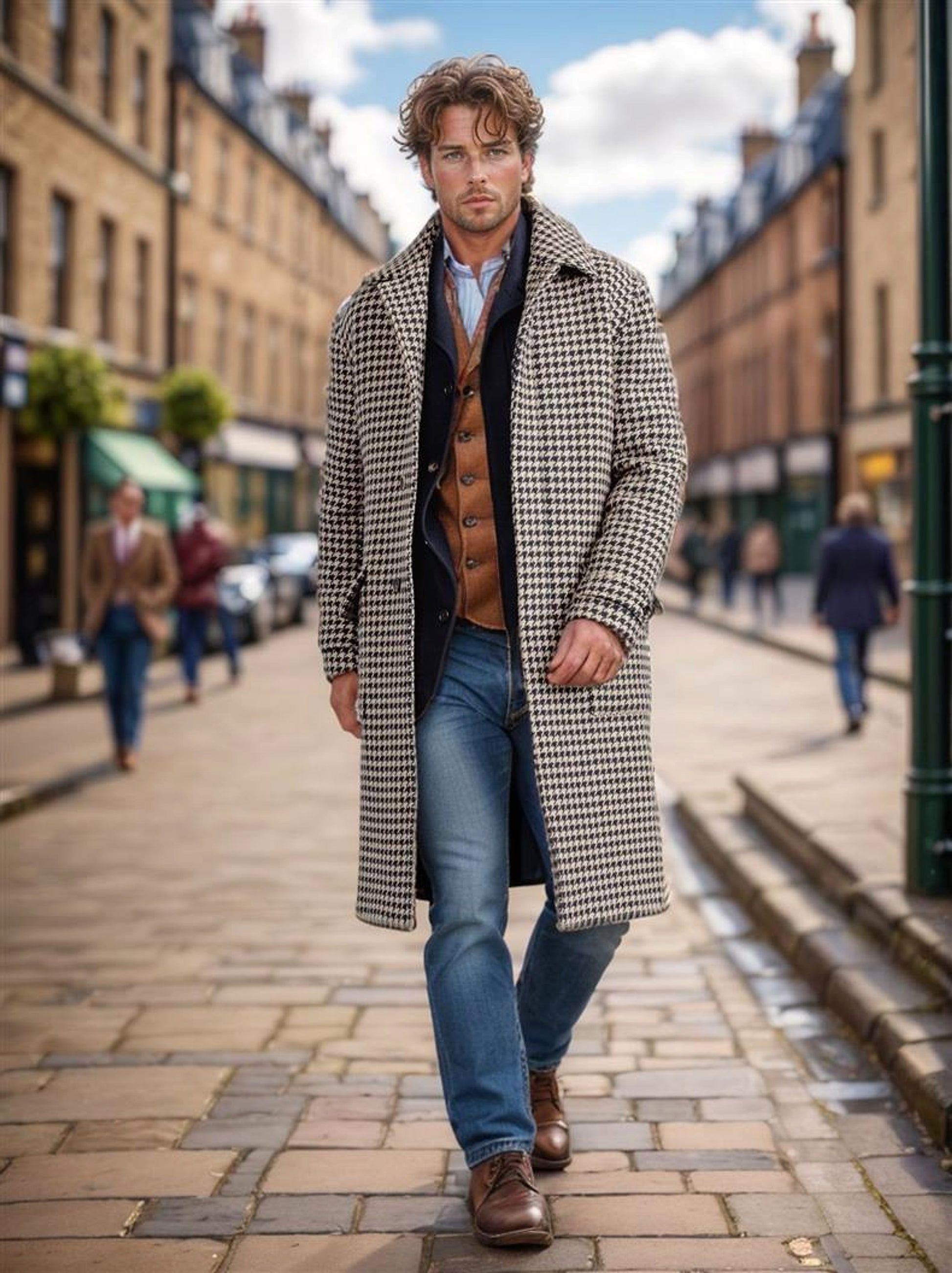 Men's Mid-length Woolen Trench Coat Houndstooth Quilted - enhanced image 5