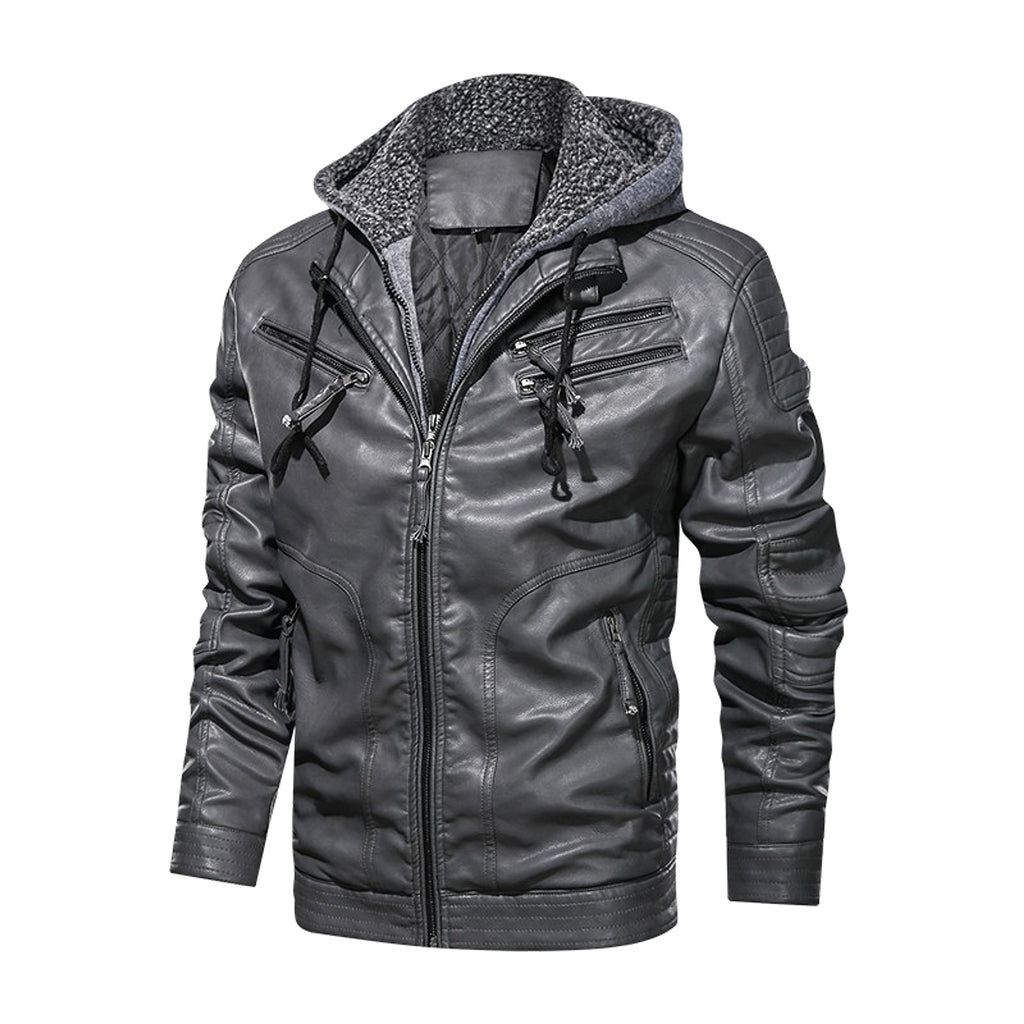 Men's PU Leather Coat Hooded Cotton Addition Leather Jacket Coat - enhanced image 5