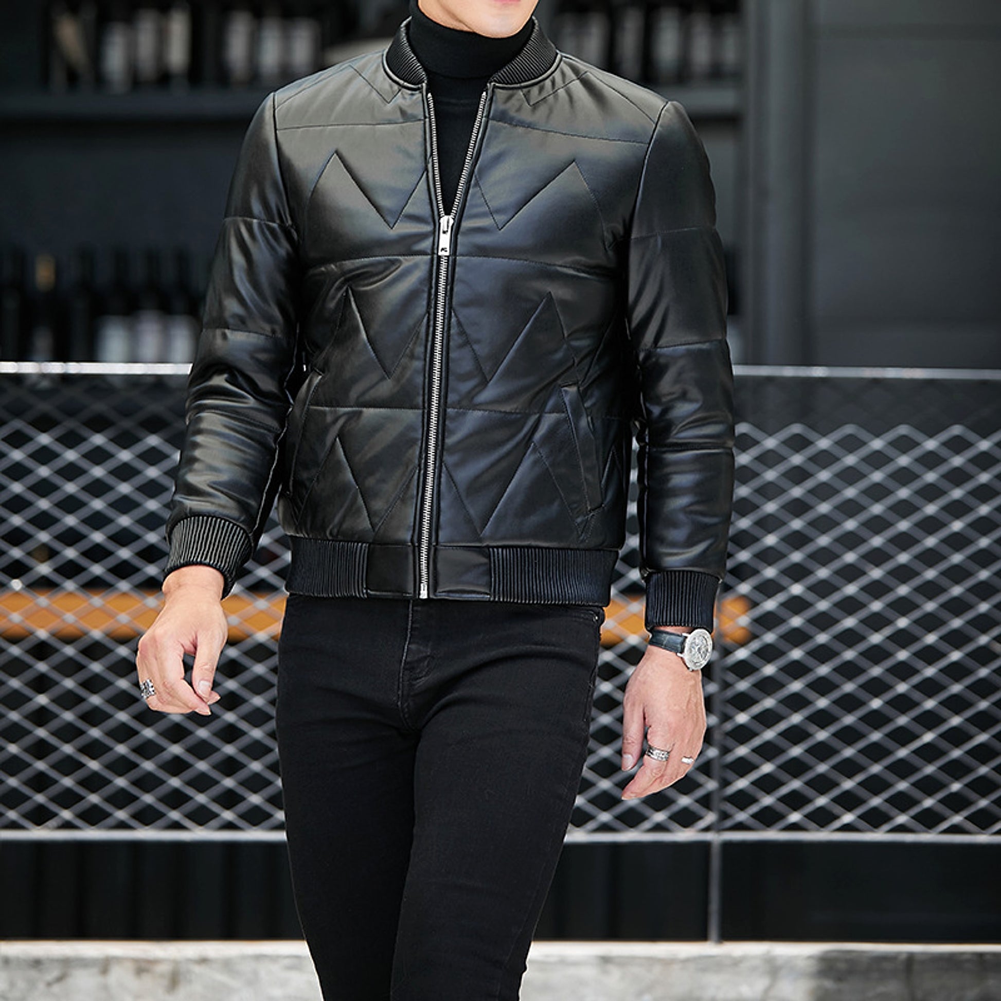 Men's Standing Collar Casual Zipper PU Leather Jacket - enhanced image 5