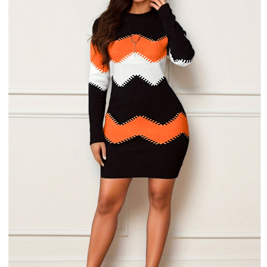 Mid-length Short Skirt Round Neck Long Sleeve Printed Knitted Sheath Dress - enhanced image 5