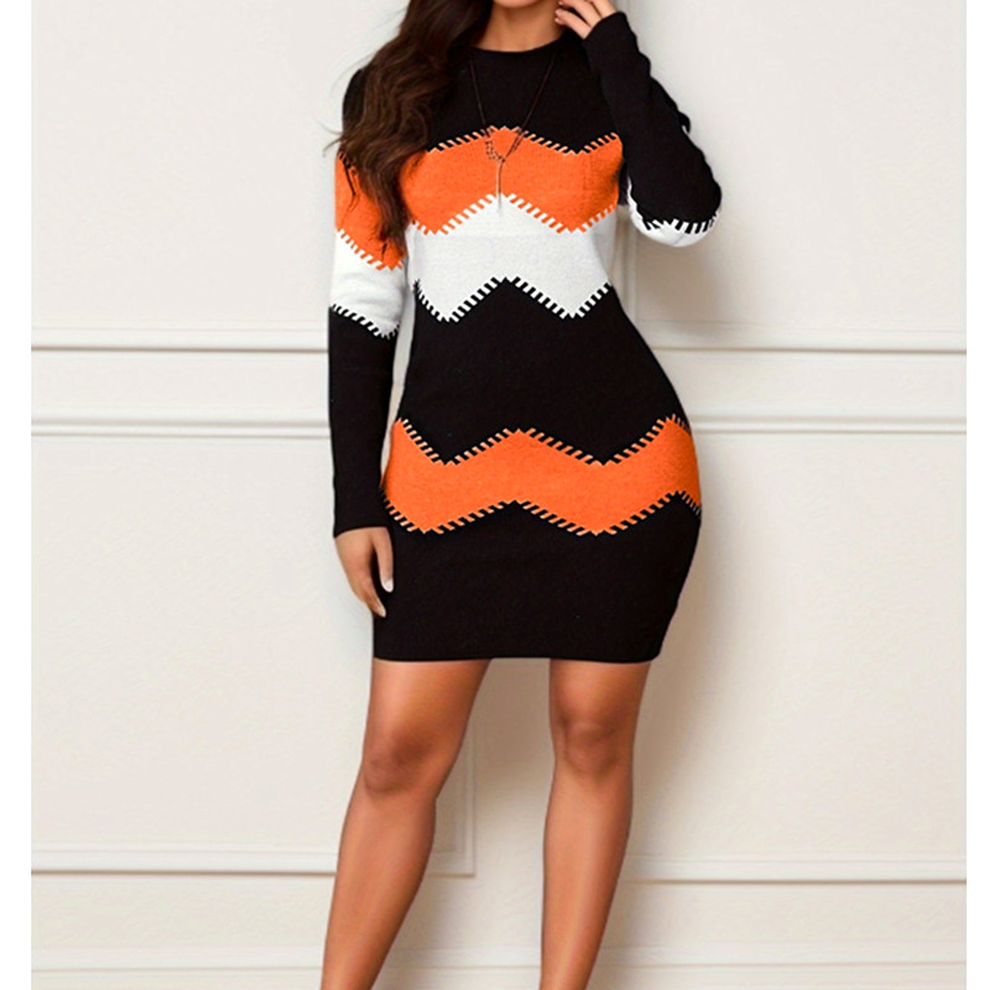 Mid-length Short Skirt Round Neck Long Sleeve Printed Knitted Sheath Dress - enhanced image 5
