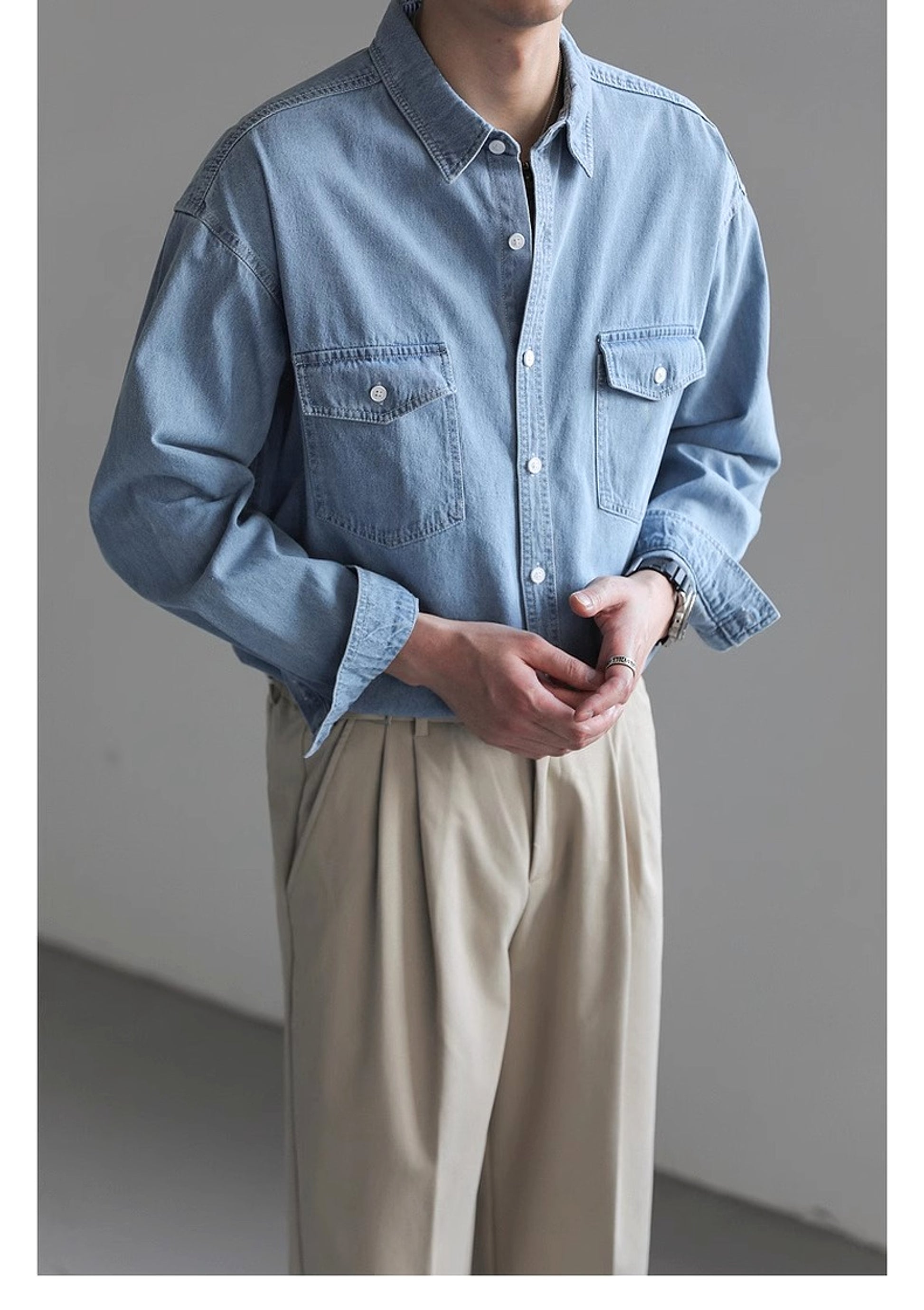 Minority Simple Long Sleeve Denim DressShirt Men's Loose - enhanced image 5