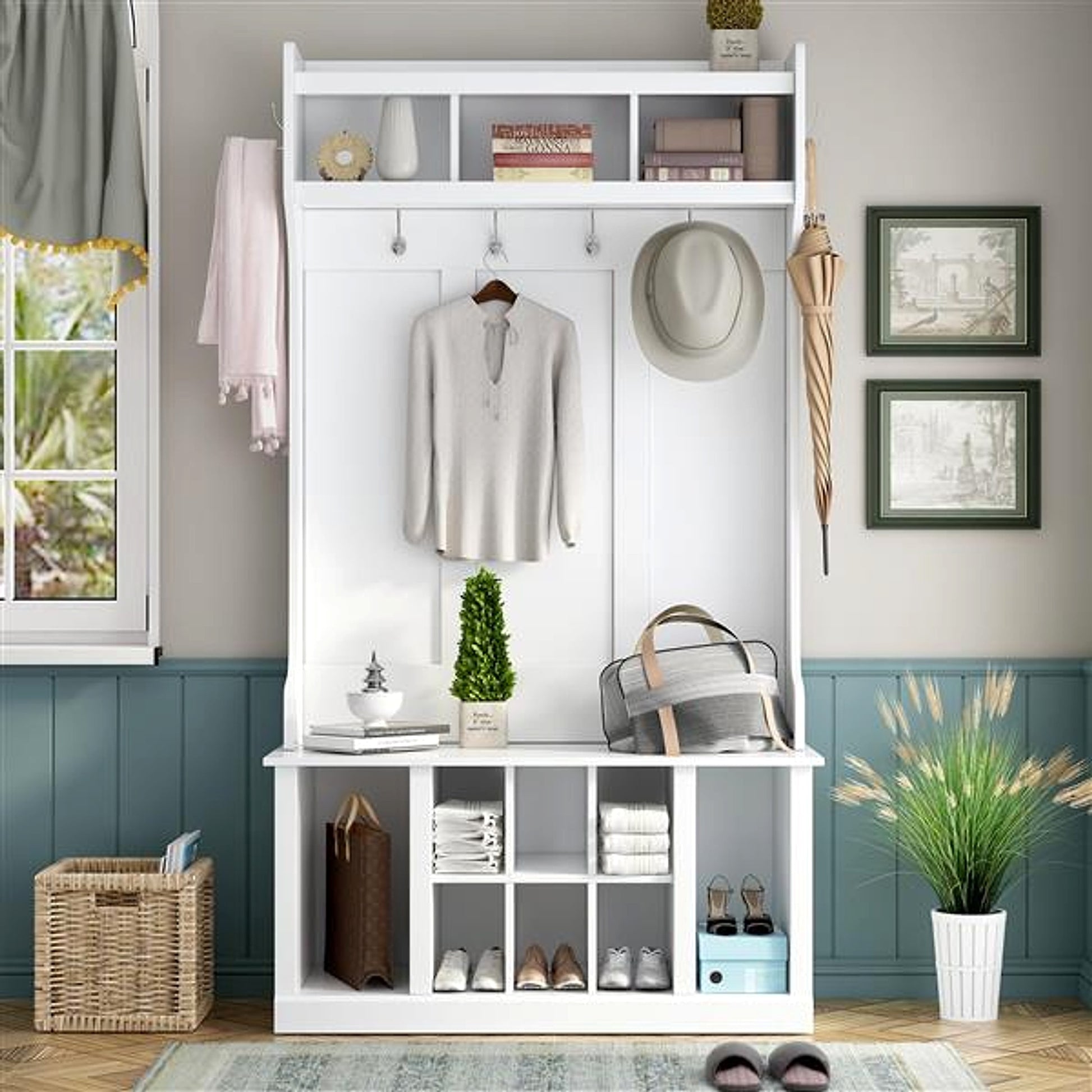 LuneluX_Home – Modern Farmhouse Hall Tree with Storage Bench & Hooks (White) - enhanced image 5