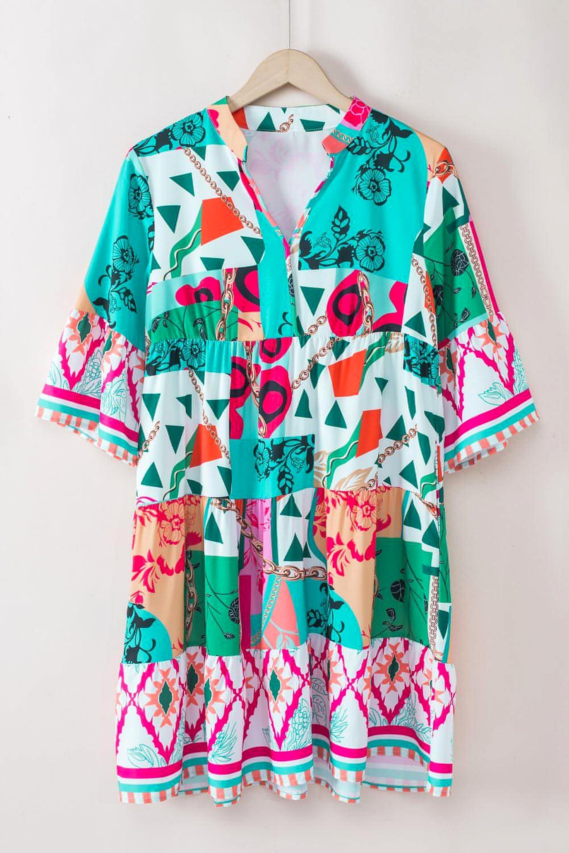 Multicolour Abstract Printed Half Sleeve Notched Neck Mini Dress - enhanced image 5