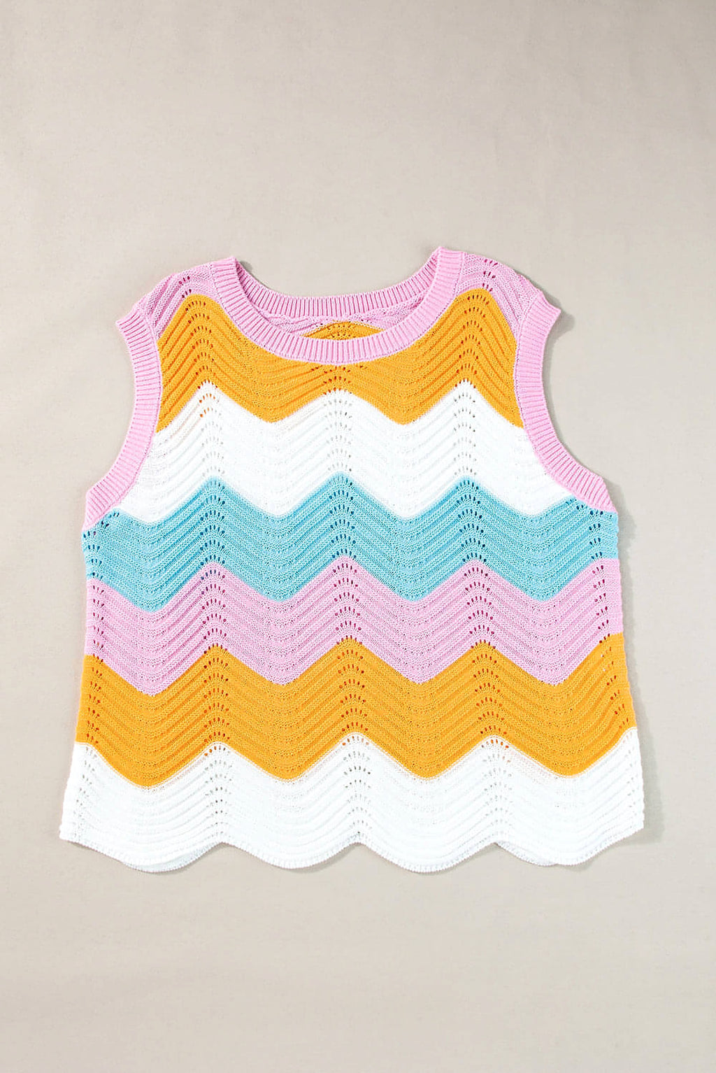Multicolour Striped Colorblock Scalloped Hem Knitted Vest - enhanced image 5