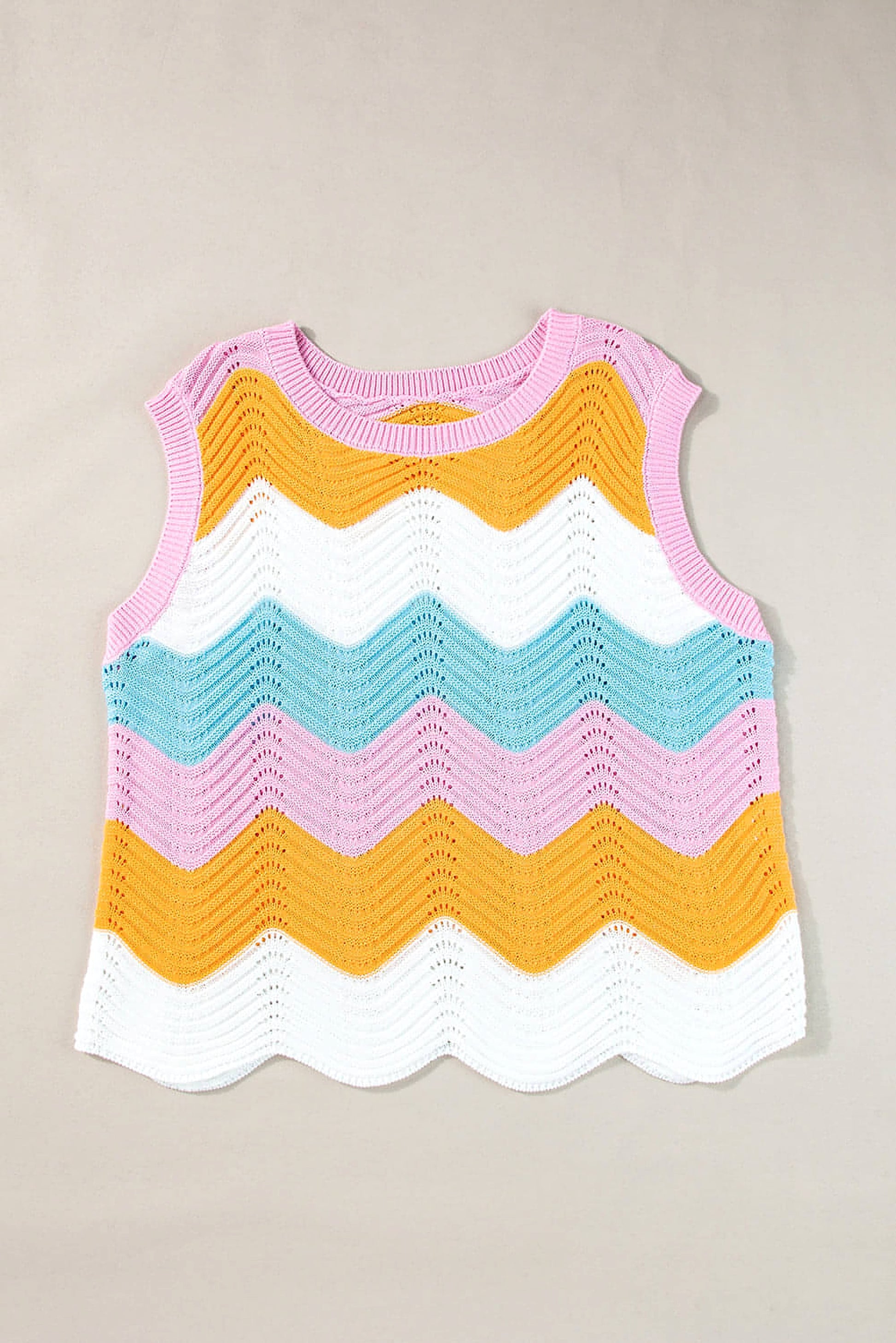 Multicolour Striped Colorblock Scalloped Hem Knitted Vest - enhanced image 5