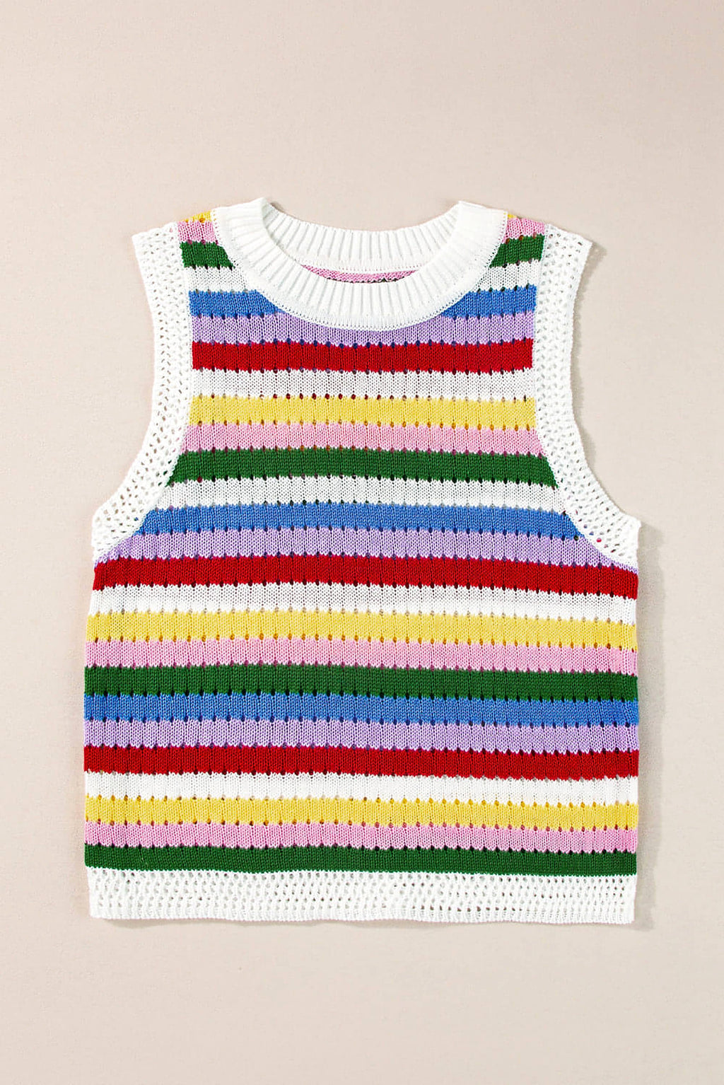 Multicolour Striped Knitted Eyelet Slim Sweater Vest - enhanced image 5