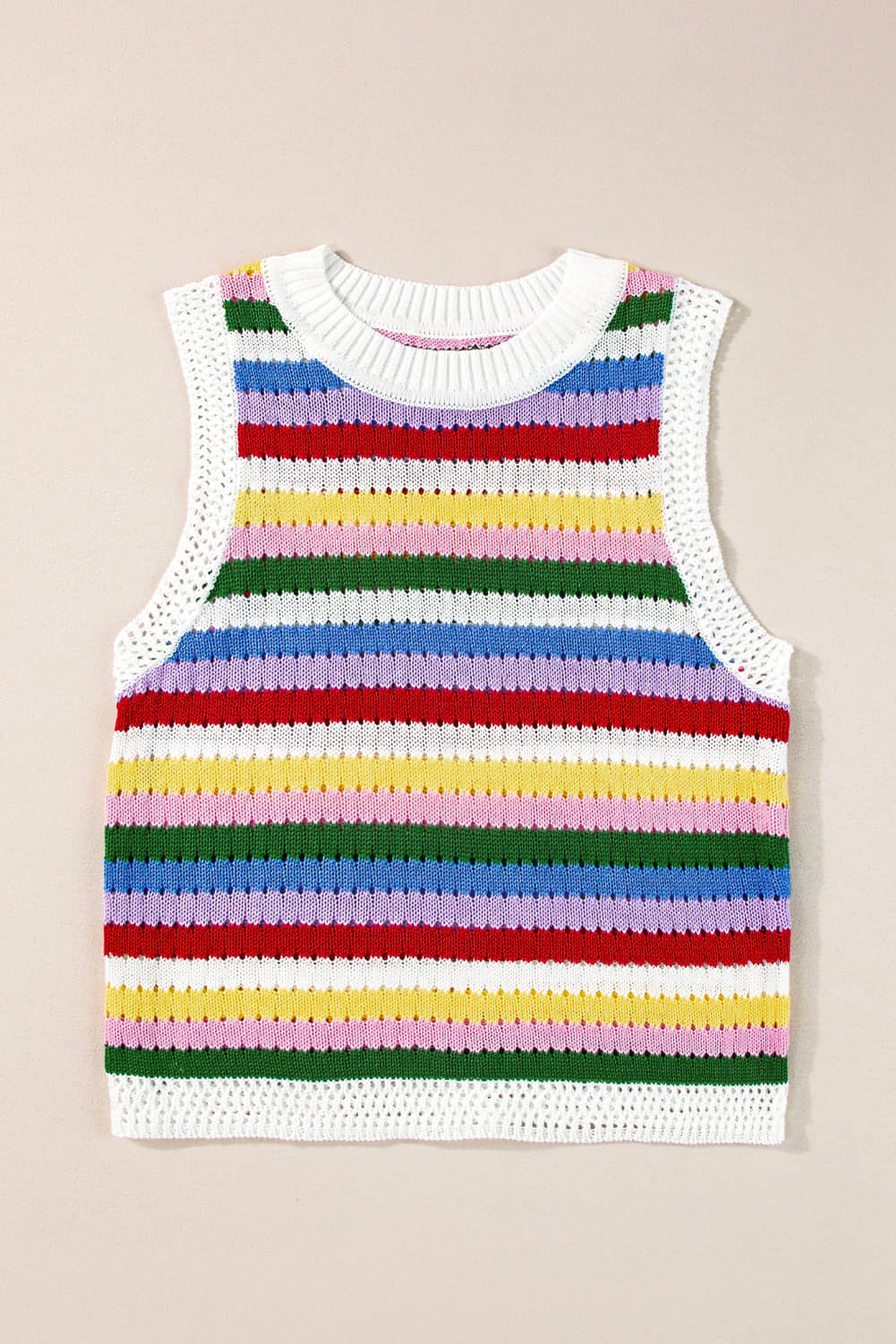 Multicolour Striped Knitted Eyelet Slim Sweater Vest - enhanced image 5