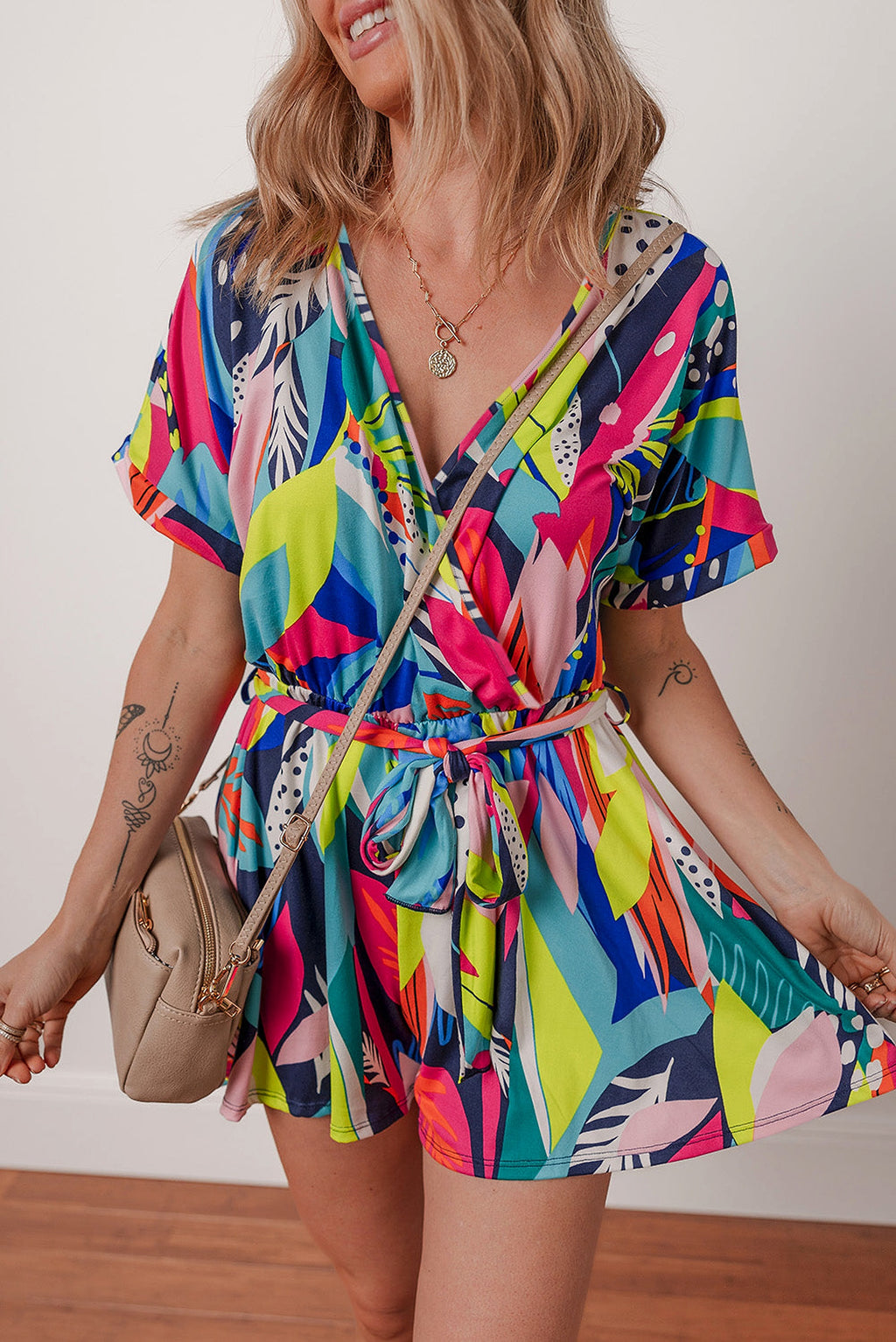 Multicolour Tropical Printed Surplice Neck Tie Waist Romper - enhanced image 5