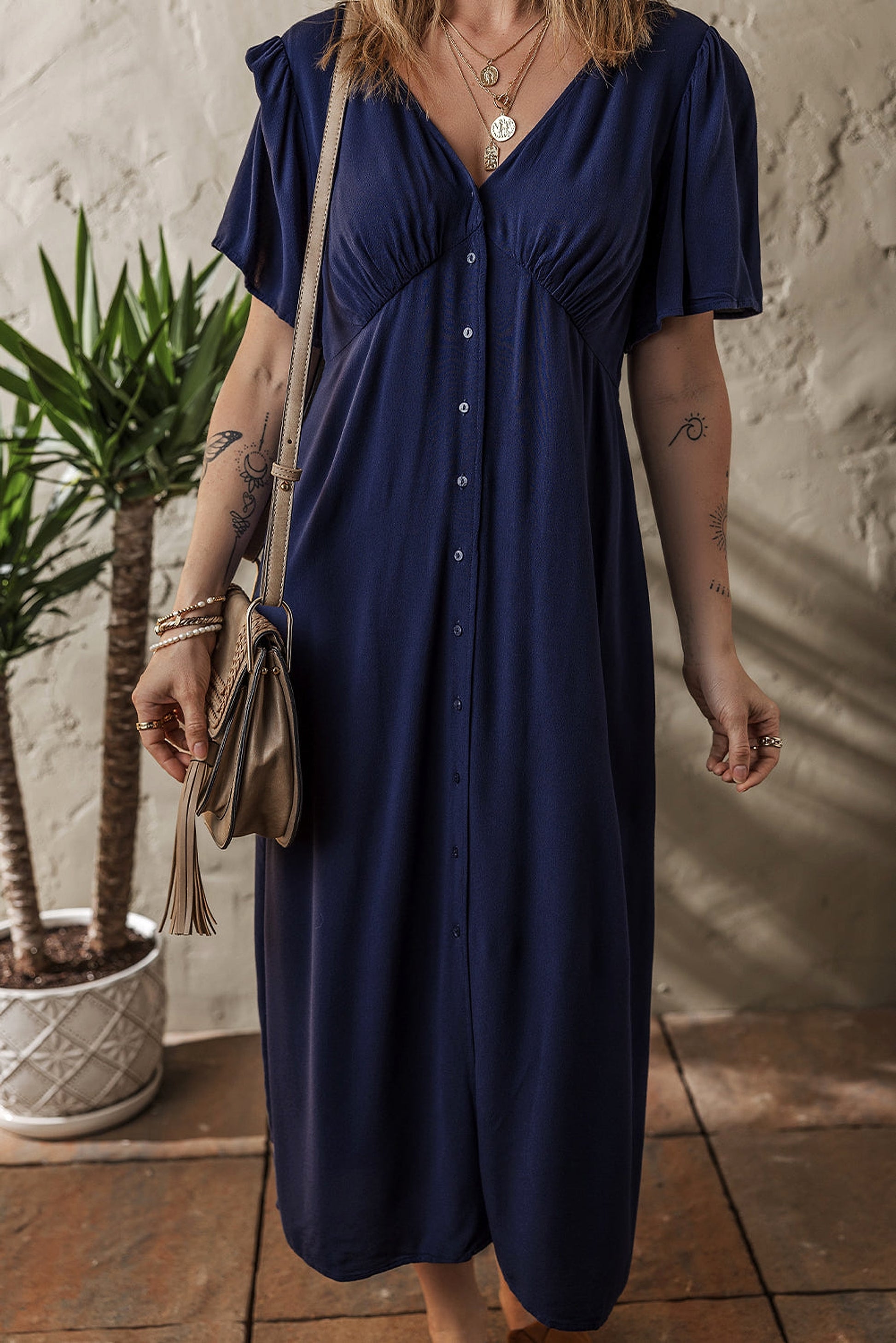 Navy Blue V Neck Buttoned Front Shirred Back Short Sleeve Midi Dress - enhanced image 5